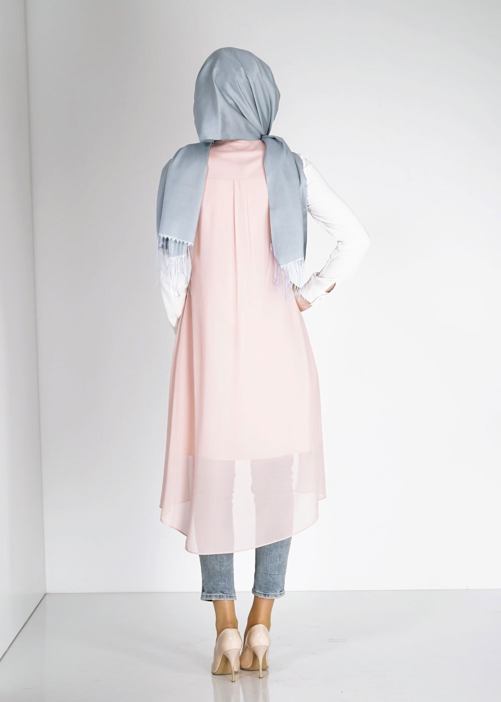 Tesettür giyim PUDRA ASİMETRİK KESİM FERMUARLI YELEK 4794