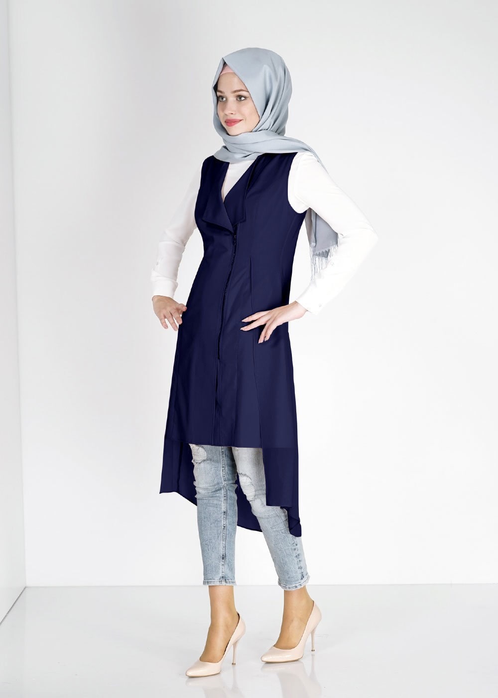 Tesettür giyim LACİVERT ASİMETRİK KESİM FERMUARLI YELEK 4794