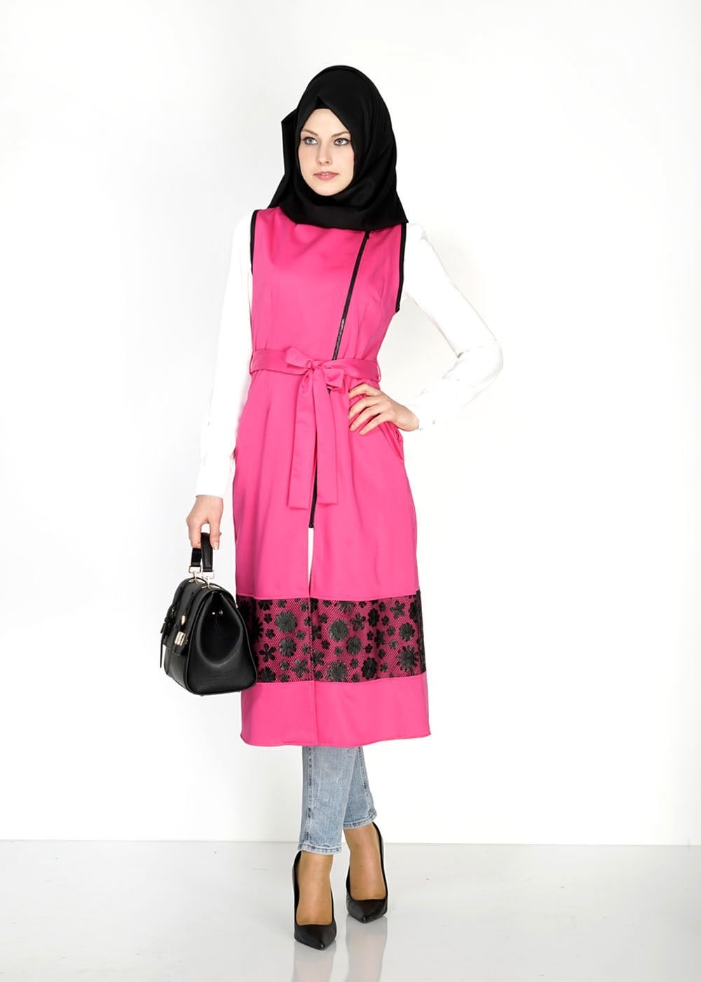 Tesettür giyim FUŞYA ÇİÇEK DESENLİ FERMUARLI YELEK 4795