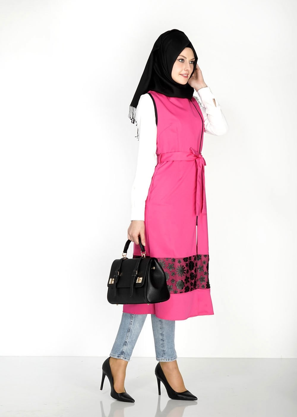 Tesettür giyim FUŞYA ÇİÇEK DESENLİ FERMUARLI YELEK 4795