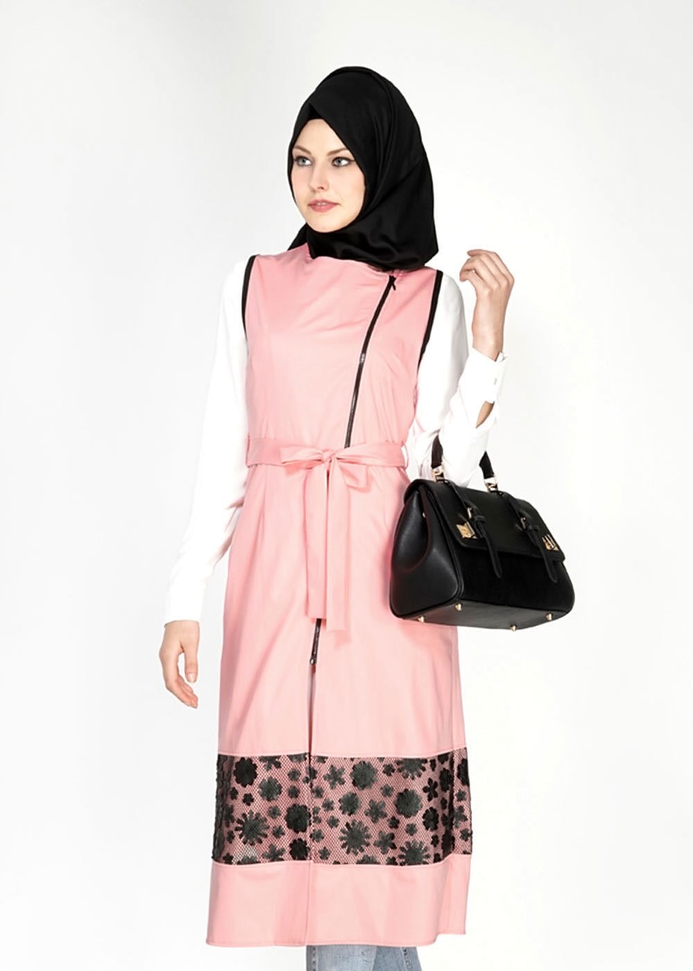 Tesettür giyim PUDRA ÇİÇEK DESENLİ FERMUARLI YELEK 4795
