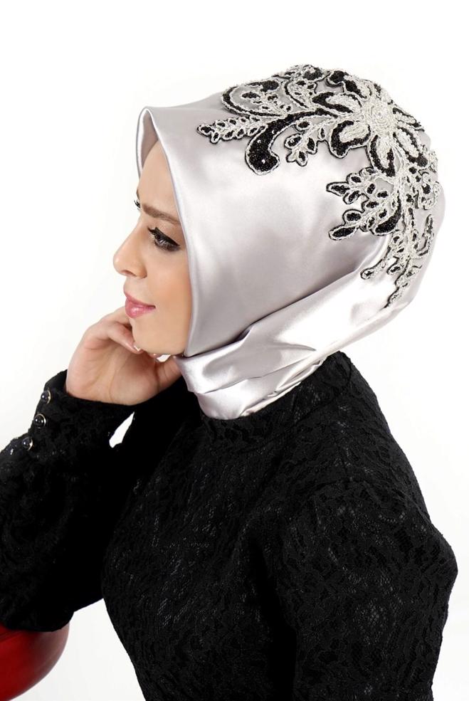 Vêtements hijab ARGENT ÉCHARPE INSTANTANÉE BRODÉE ALVINA 106030 - ALVİNA