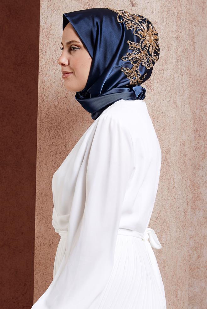 Vêtements hijab BLEU MARINE ÉCHARPE INSTANTANÉE BRODÉE ALVINA 106030 - ALVİNA