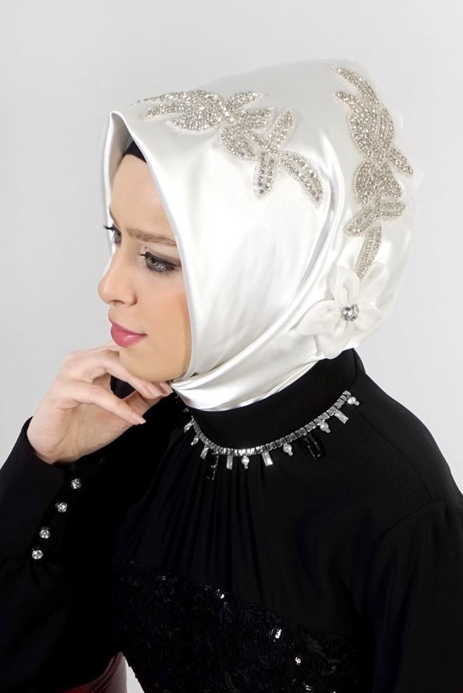 Vêtements hijab BLANC ÉCHARPE INSTANTANÉE ALVINA AVEC GEM BRODÉ 106044 - ALVİNA