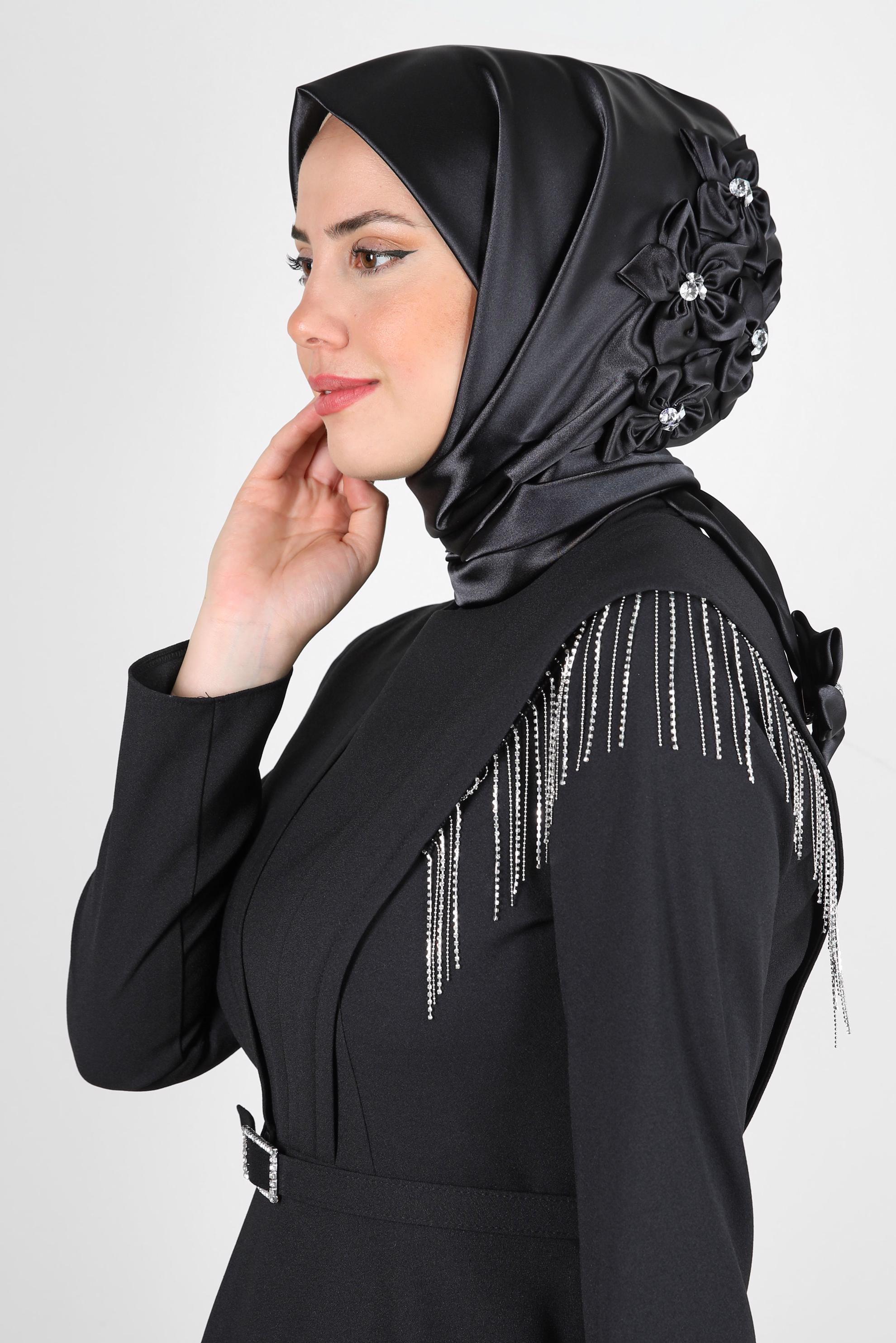 Tesettür giyim SİYAH ALVİNA SATEN HAZIR EŞARP 106061