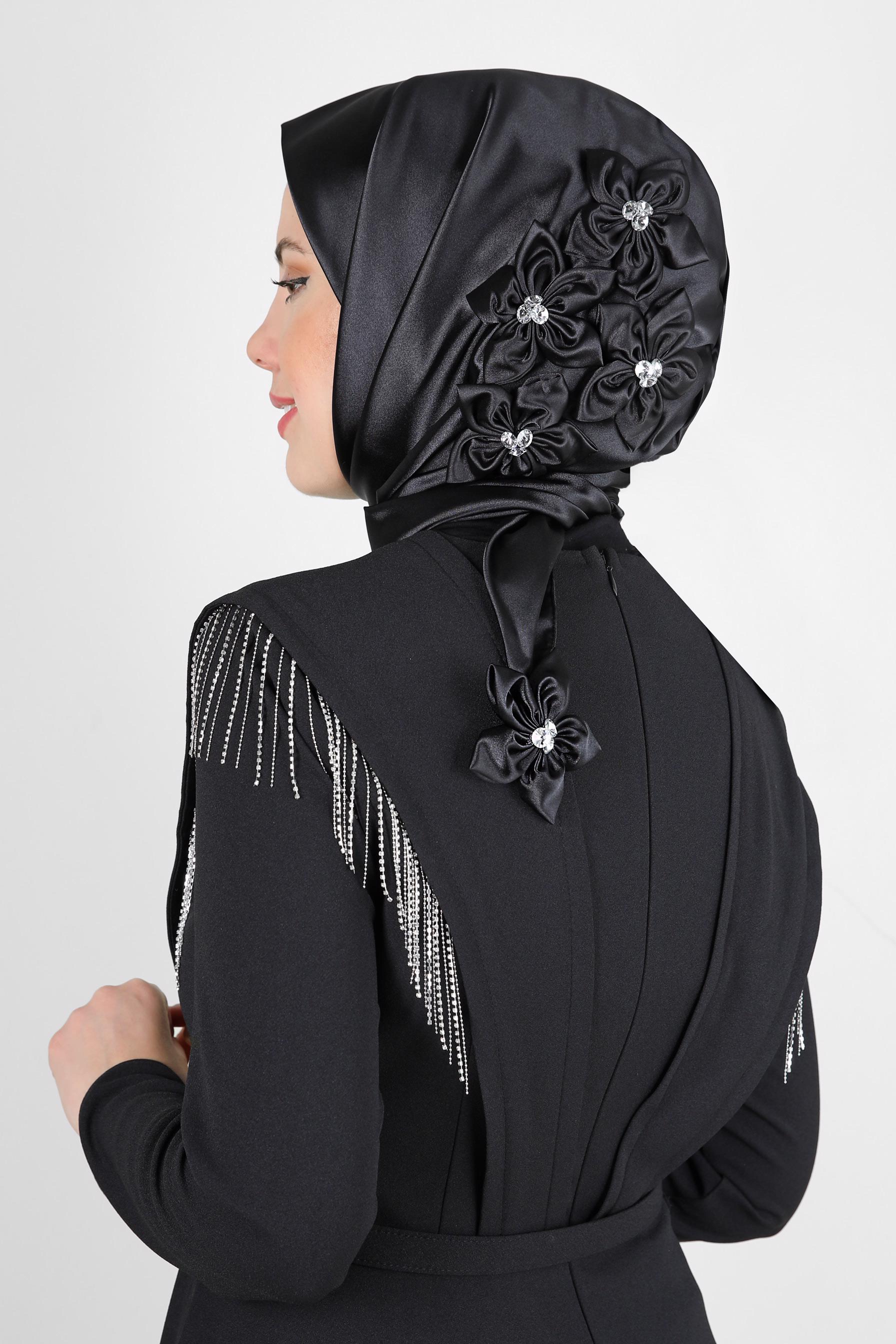 Tesettür giyim SİYAH ALVİNA SATEN HAZIR EŞARP 106061