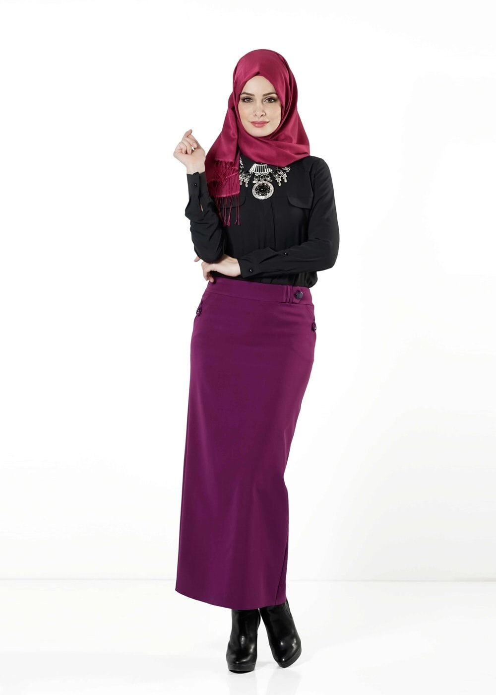 Tesettür giyim FUŞYA KALEM ETEK 6784 