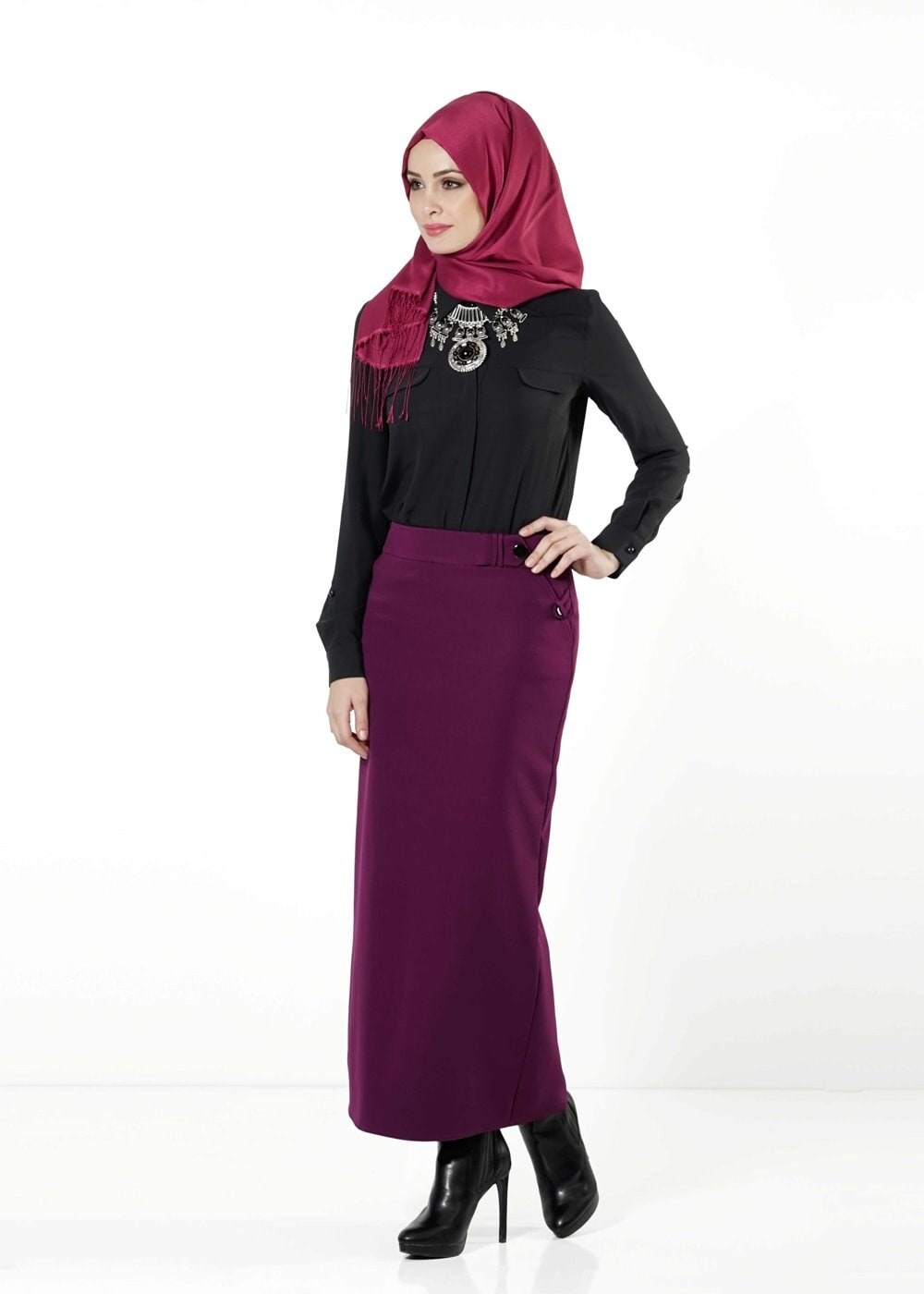 Tesettür giyim FUŞYA KALEM ETEK 6784 