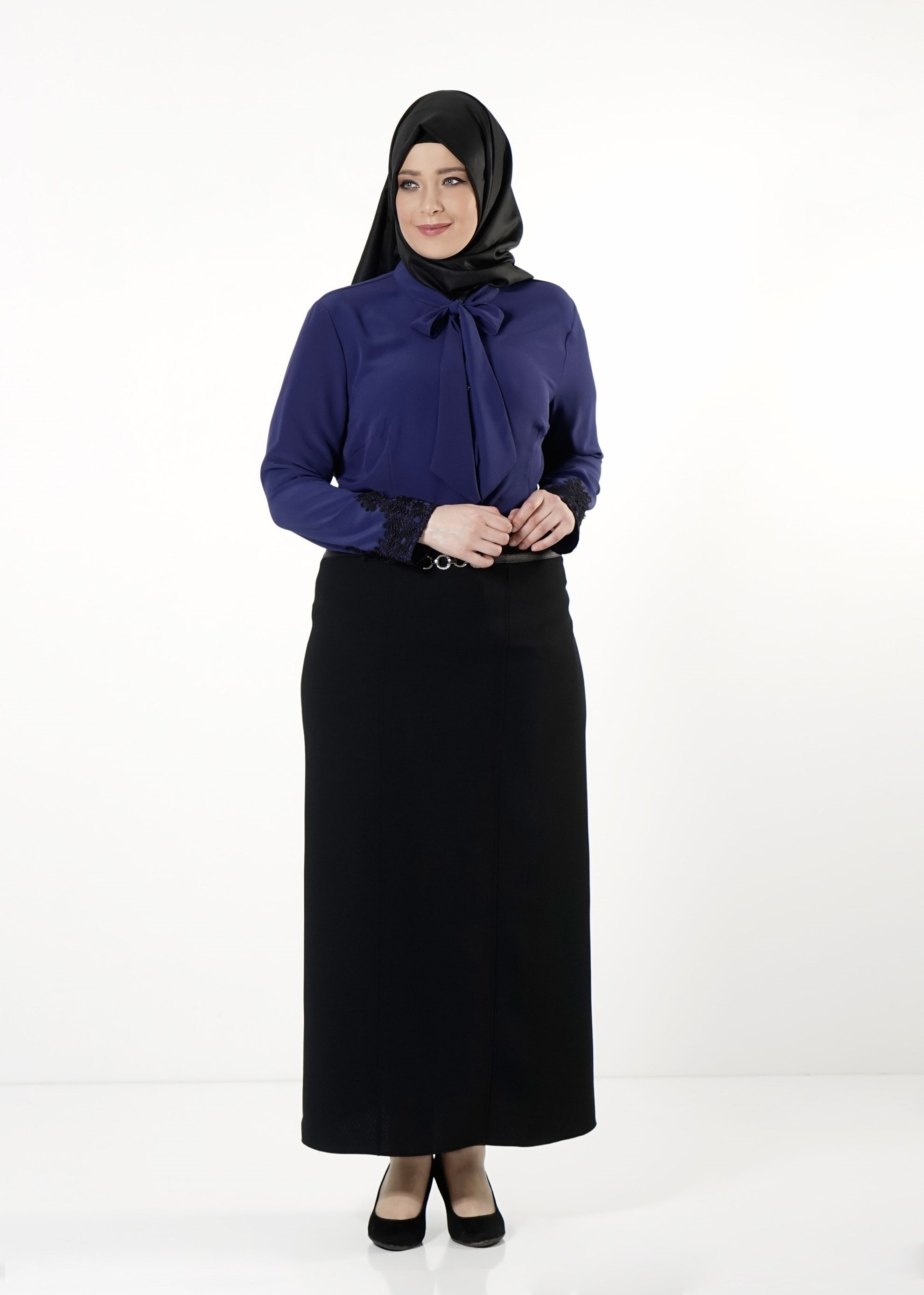Vêtements hijab BLEU MARINE BLOUSE À COL NOUÉ 2549 