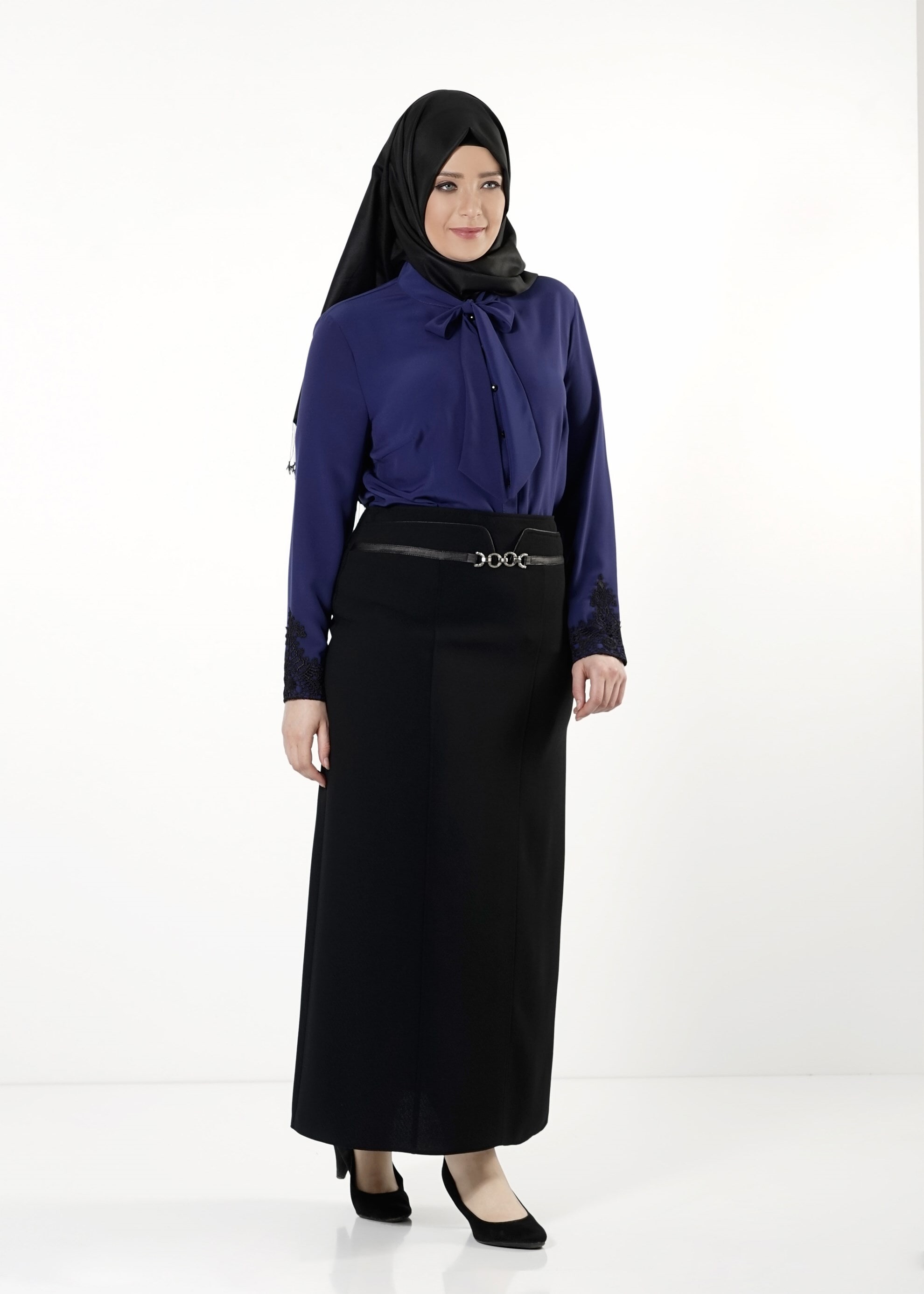 Vêtements hijab BLEU MARINE BLOUSE À COL NOUÉ 2549 