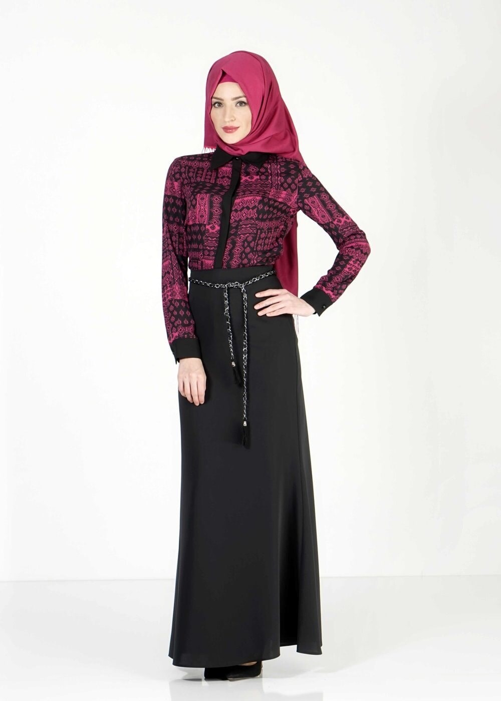 Vêtements hijab NOIR BLOUSE À DESSINS ÉTHNIQUE 4076 