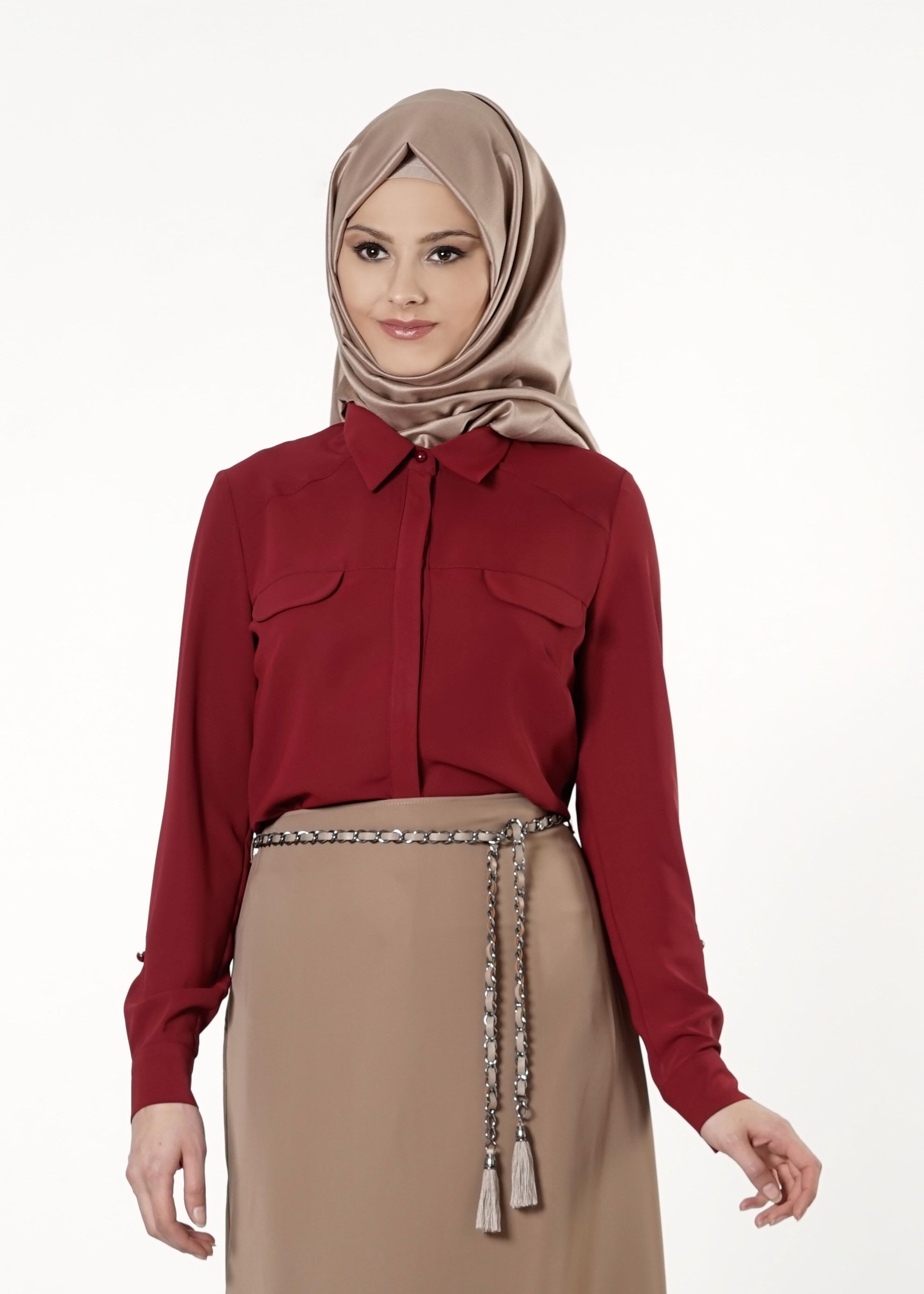 Tesettür giyim BORDO GÖMLEK YAKA DÜĞMELİ BLUZ 4121