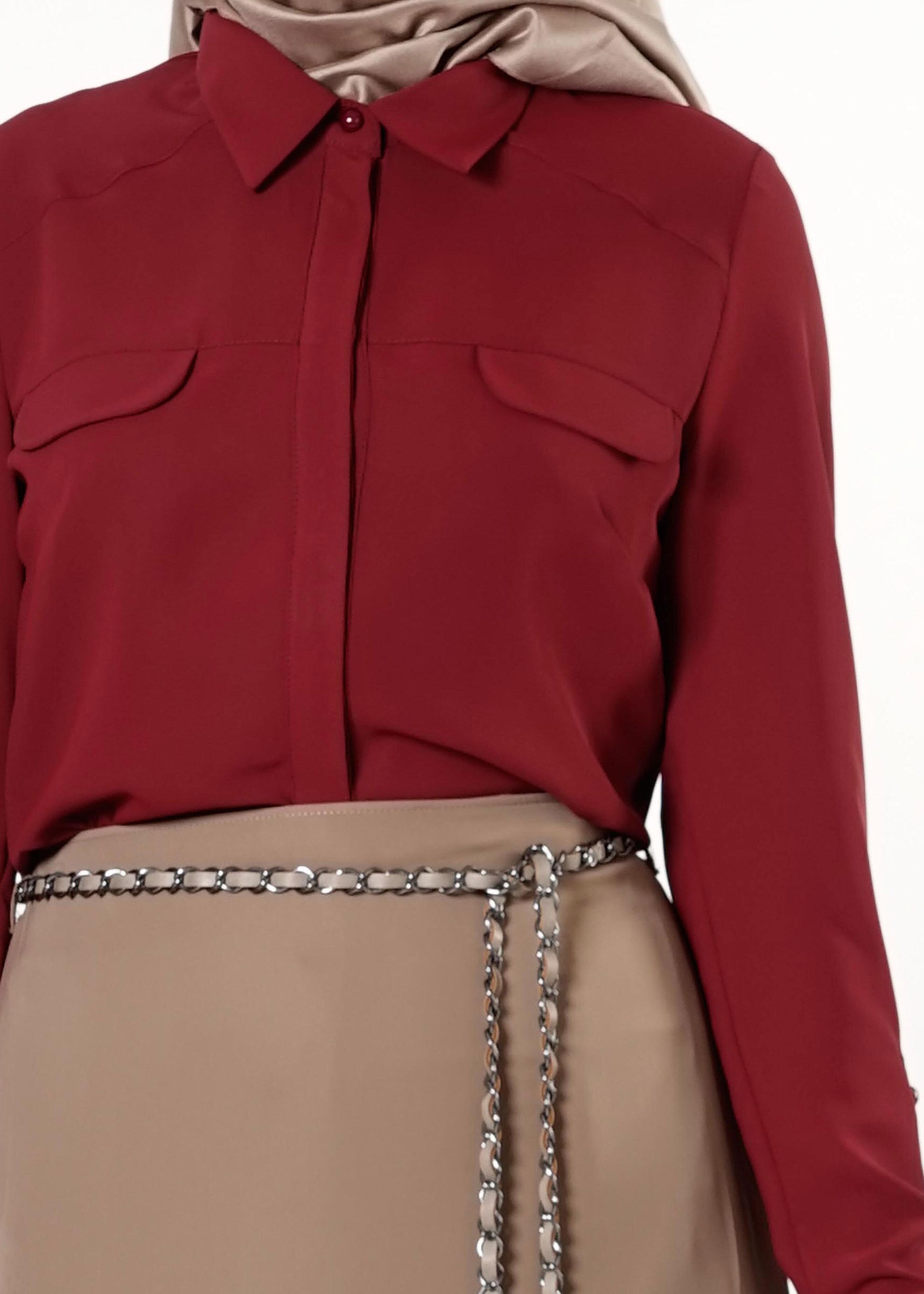 Tesettür giyim BORDO GÖMLEK YAKA DÜĞMELİ BLUZ 4121