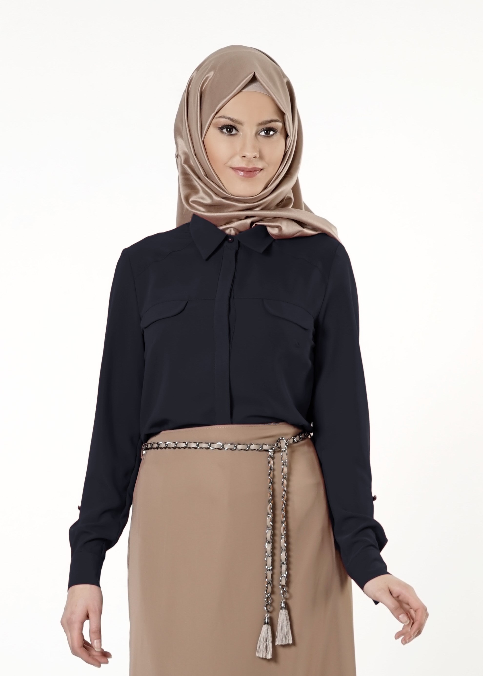 Vêtements hijab BLEU MARINE BLOUSE COL CHEMISE BOUTONNÉE 4121