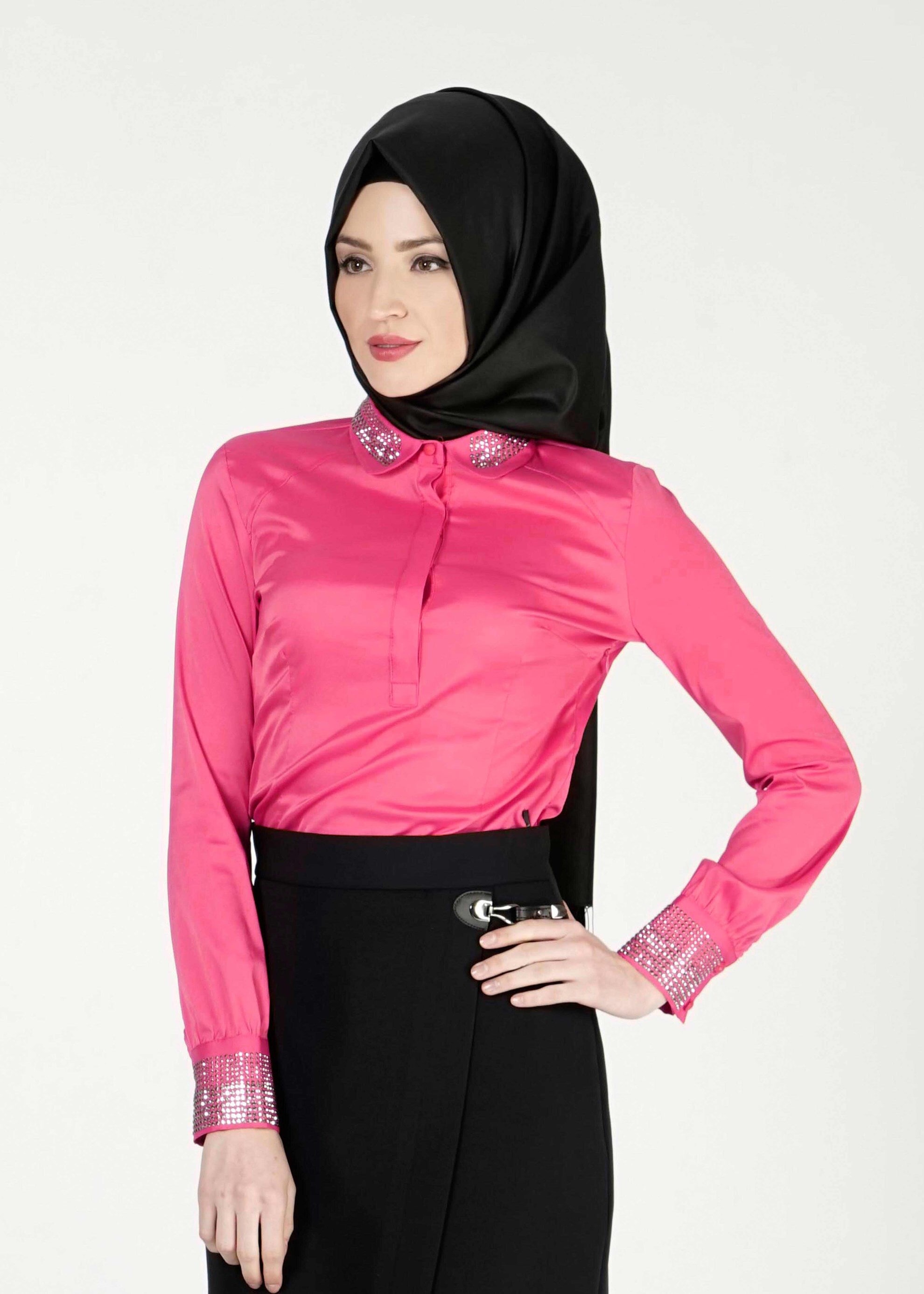 Tesettür giyim FUŞYA TAŞ DETAYLI BLUZ 4864 