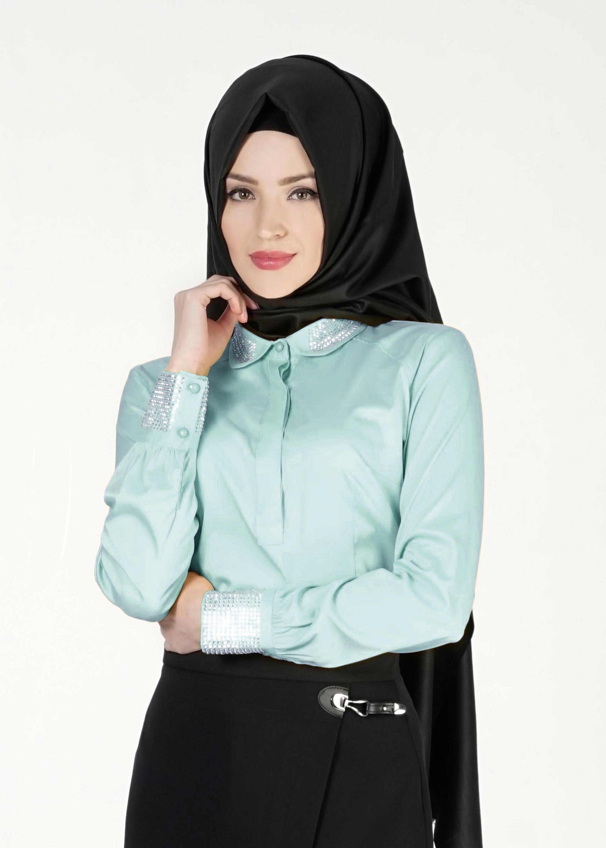 Tesettür giyim MAVİ TAŞ DETAYLI BLUZ 4864 