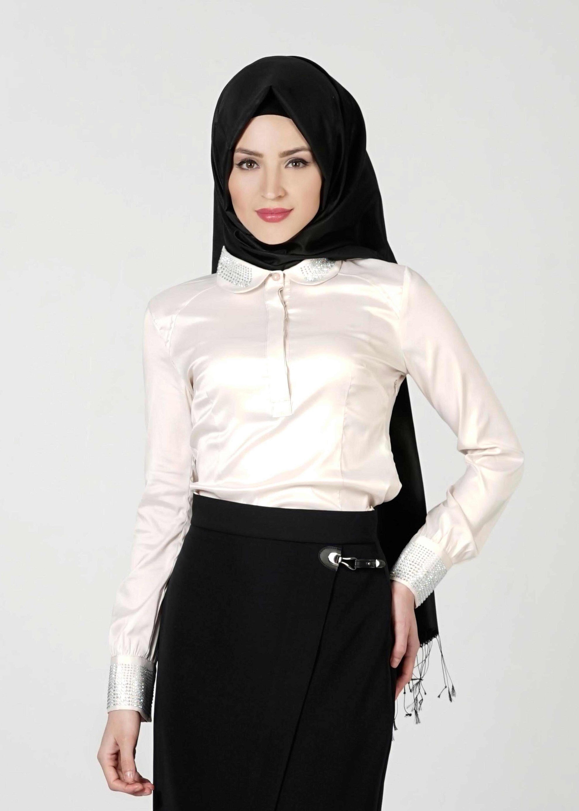 Tesettür giyim EKRU TAŞ DETAYLI BLUZ 4864 