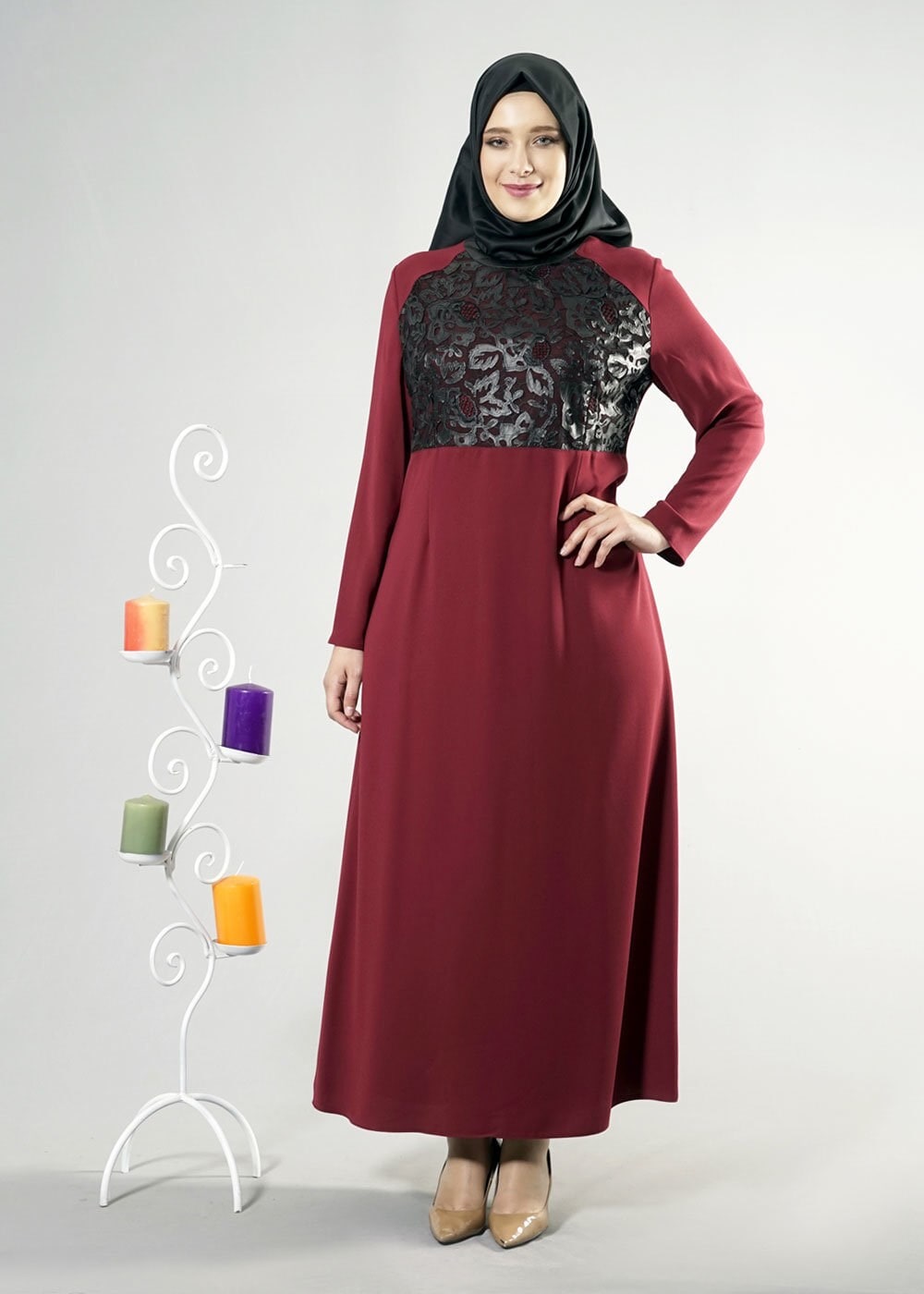 Tesettür giyim BORDO BÜYÜK BEDEN GÜPÜRLÜ ELBİSE 2538 