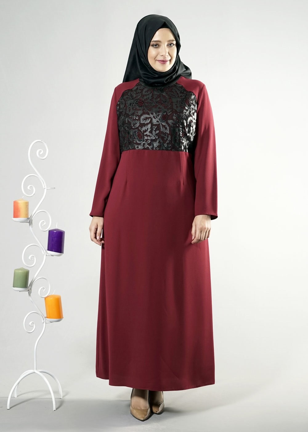 Tesettür giyim BORDO BÜYÜK BEDEN GÜPÜRLÜ ELBİSE 2538 