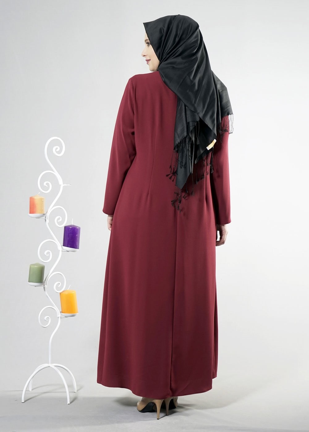 Tesettür giyim BORDO BÜYÜK BEDEN GÜPÜRLÜ ELBİSE 2538 