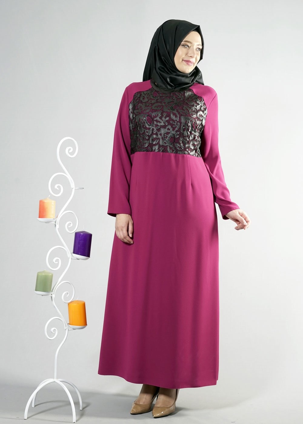 Tesettür giyim FUŞYA BÜYÜK BEDEN GÜPÜRLÜ ELBİSE 2538 