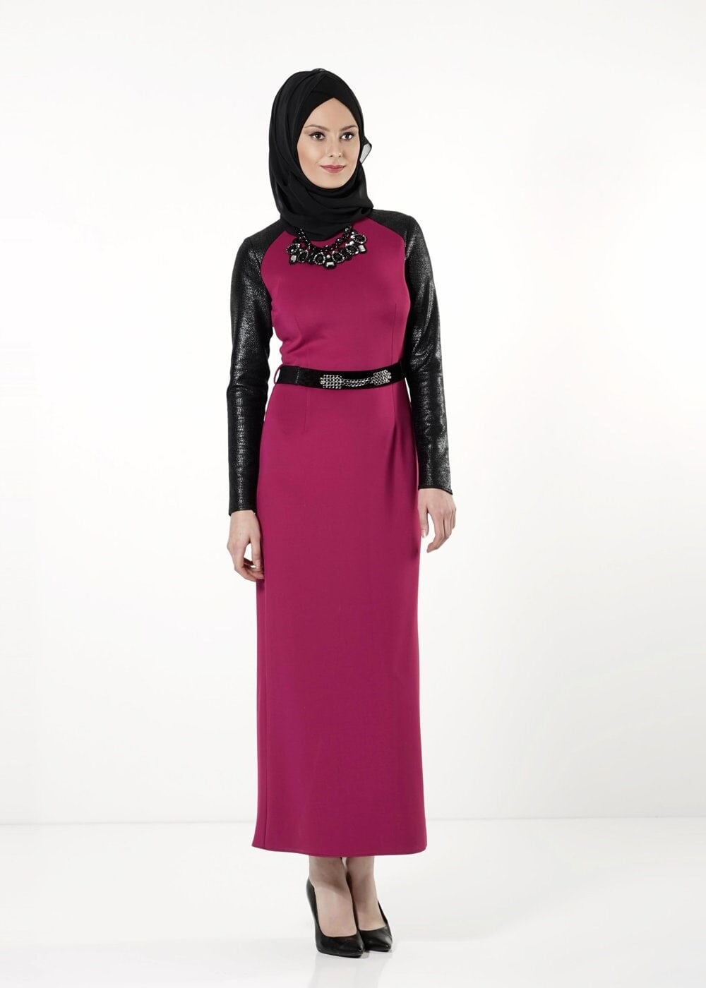 Tesettür giyim FUŞYA KOLLARI DERİ ELBİSE 4024 