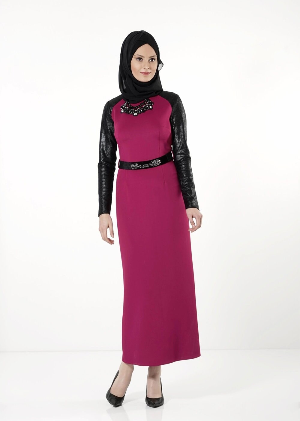 Tesettür giyim FUŞYA KOLLARI DERİ ELBİSE 4024 