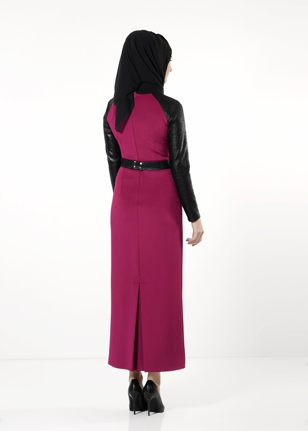 Tesettür giyim FUŞYA KOLLARI DERİ ELBİSE 4024 