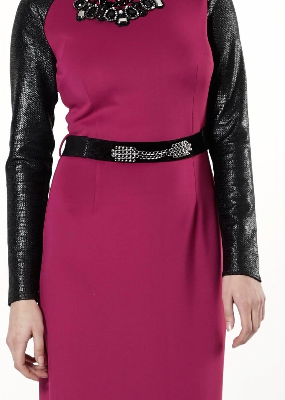 Tesettür giyim FUŞYA KOLLARI DERİ ELBİSE 4024 