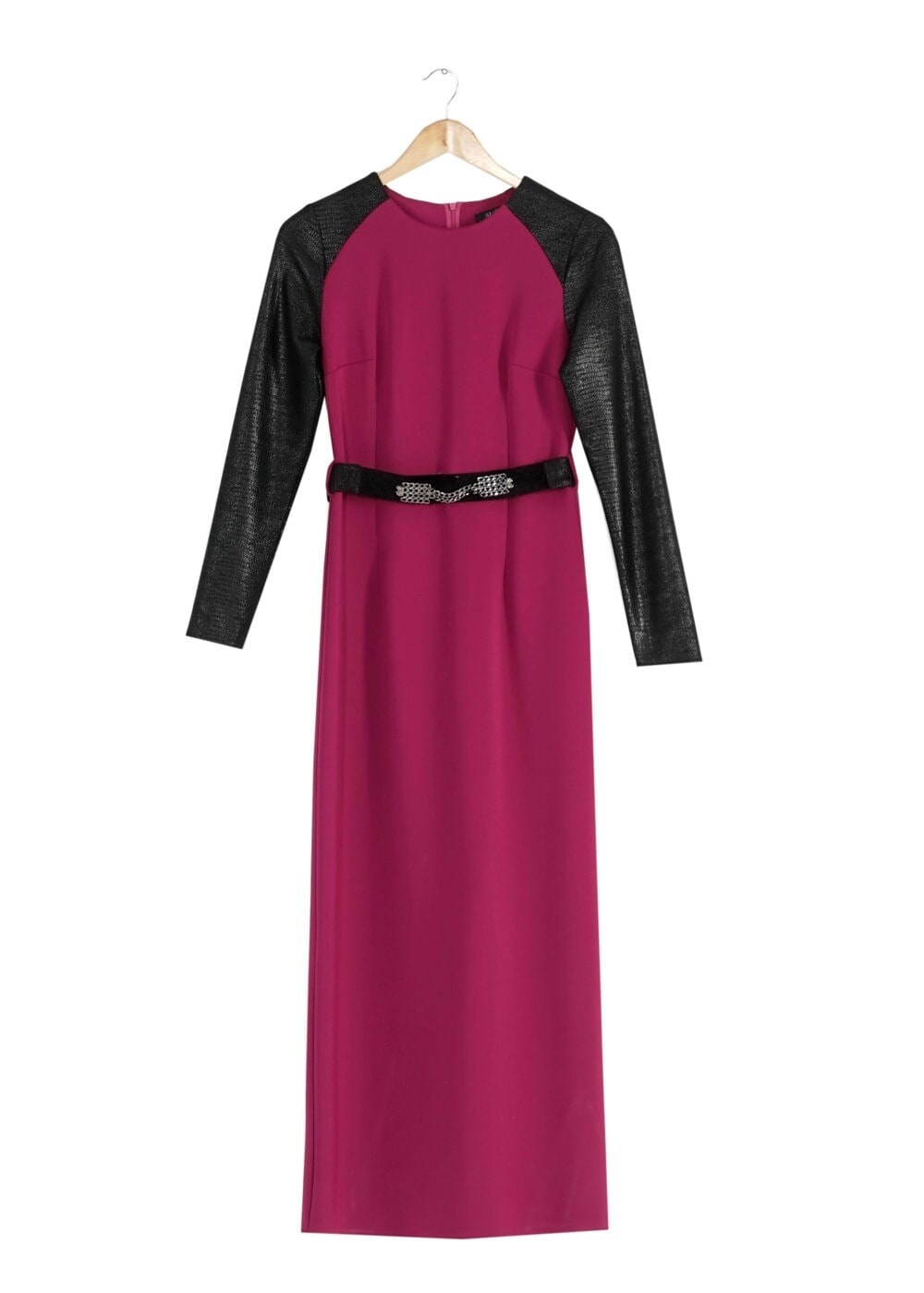 Tesettür giyim FUŞYA KOLLARI DERİ ELBİSE 4024 