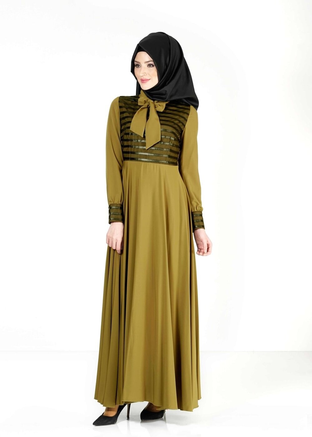 Tesettür giyim YEŞİL YAKASI FİYONK DETAYLI ELBİSE 4028 