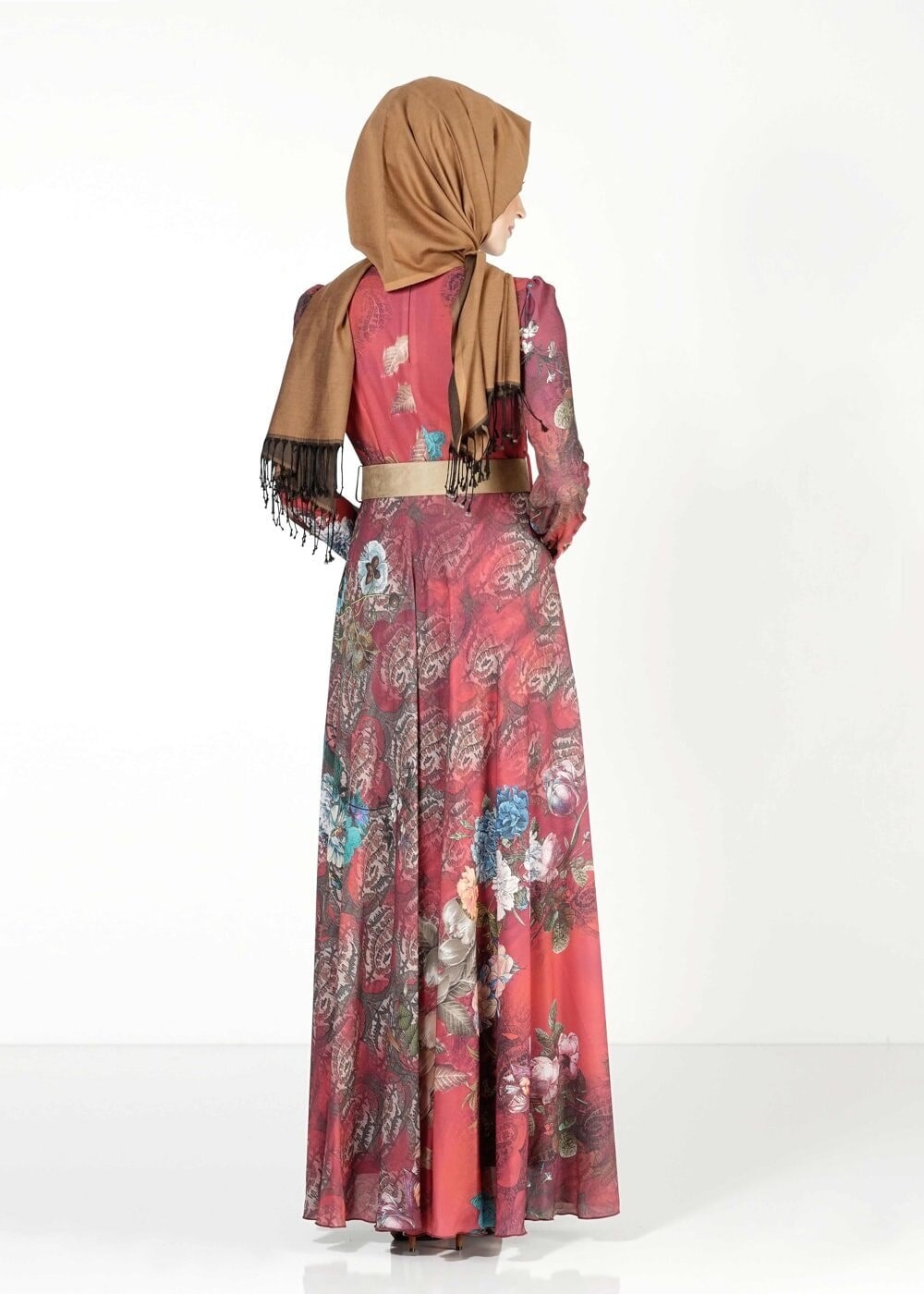 Tesettür giyim BORDO KEMER DETAYLI ÇİÇEKLİ  ELBİSE 4032 