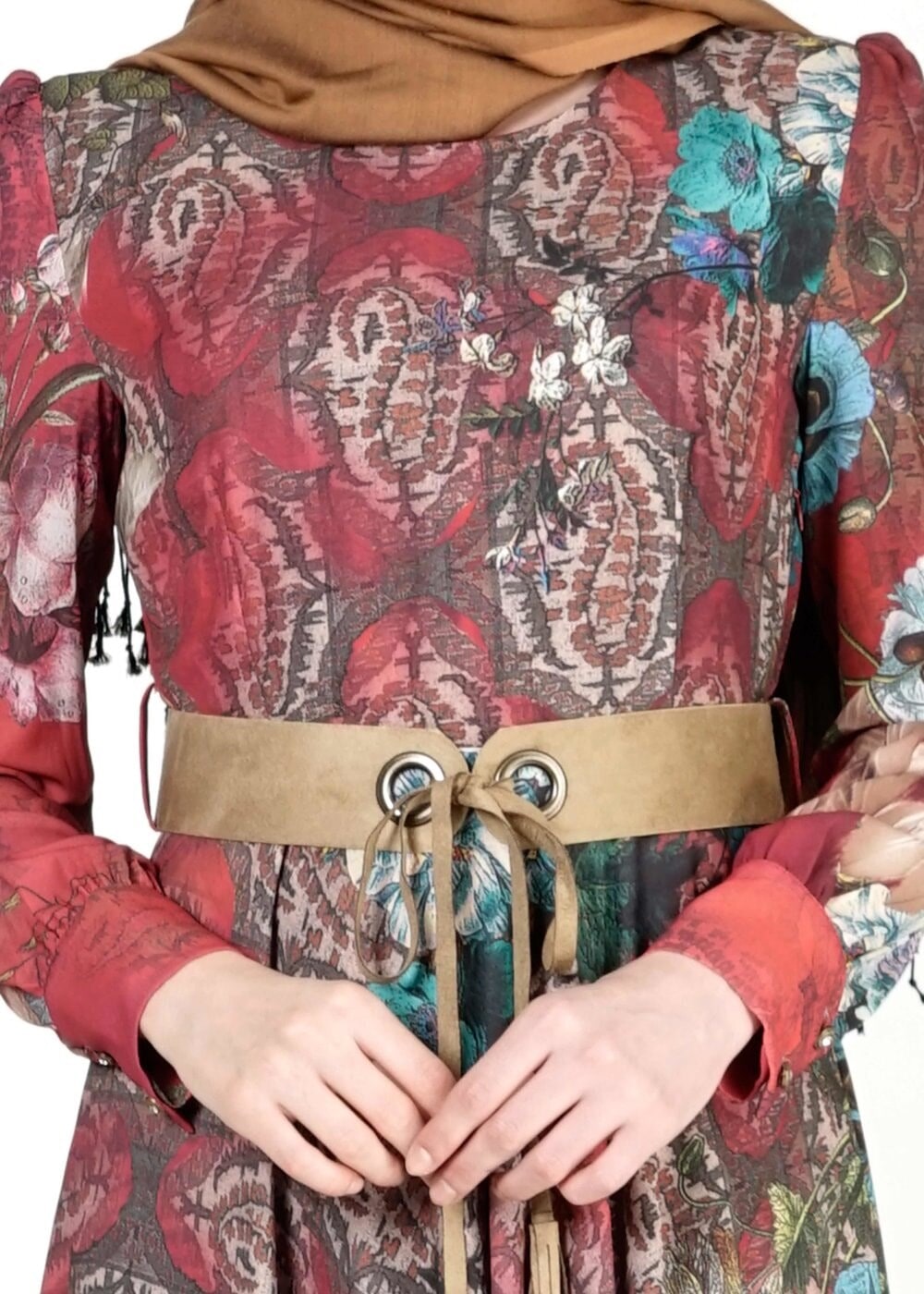 Tesettür giyim BORDO KEMER DETAYLI ÇİÇEKLİ  ELBİSE 4032 