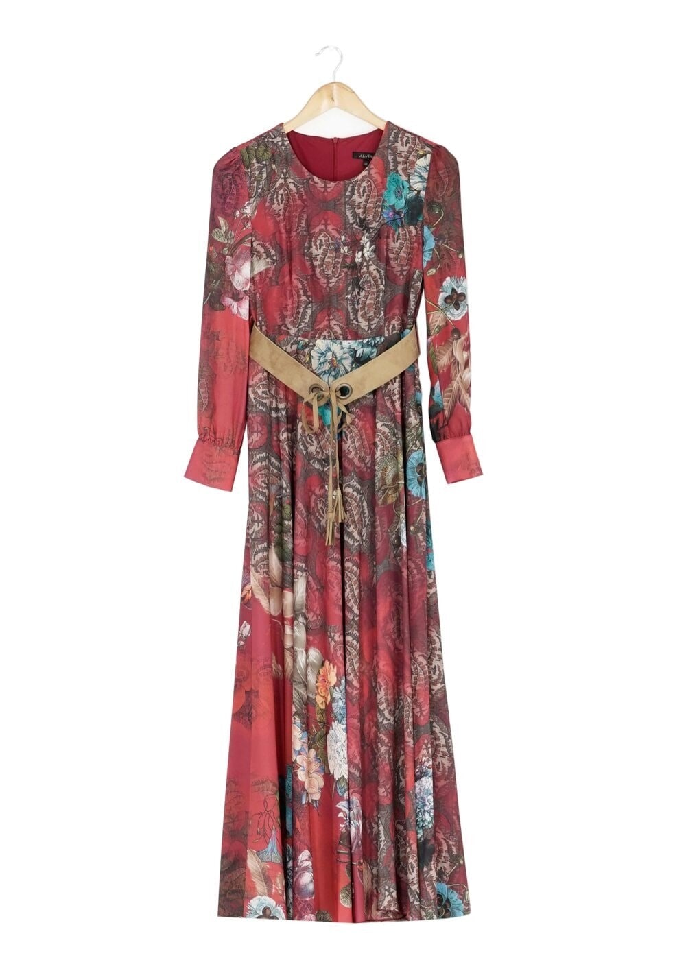 Tesettür giyim BORDO KEMER DETAYLI ÇİÇEKLİ  ELBİSE 4032 