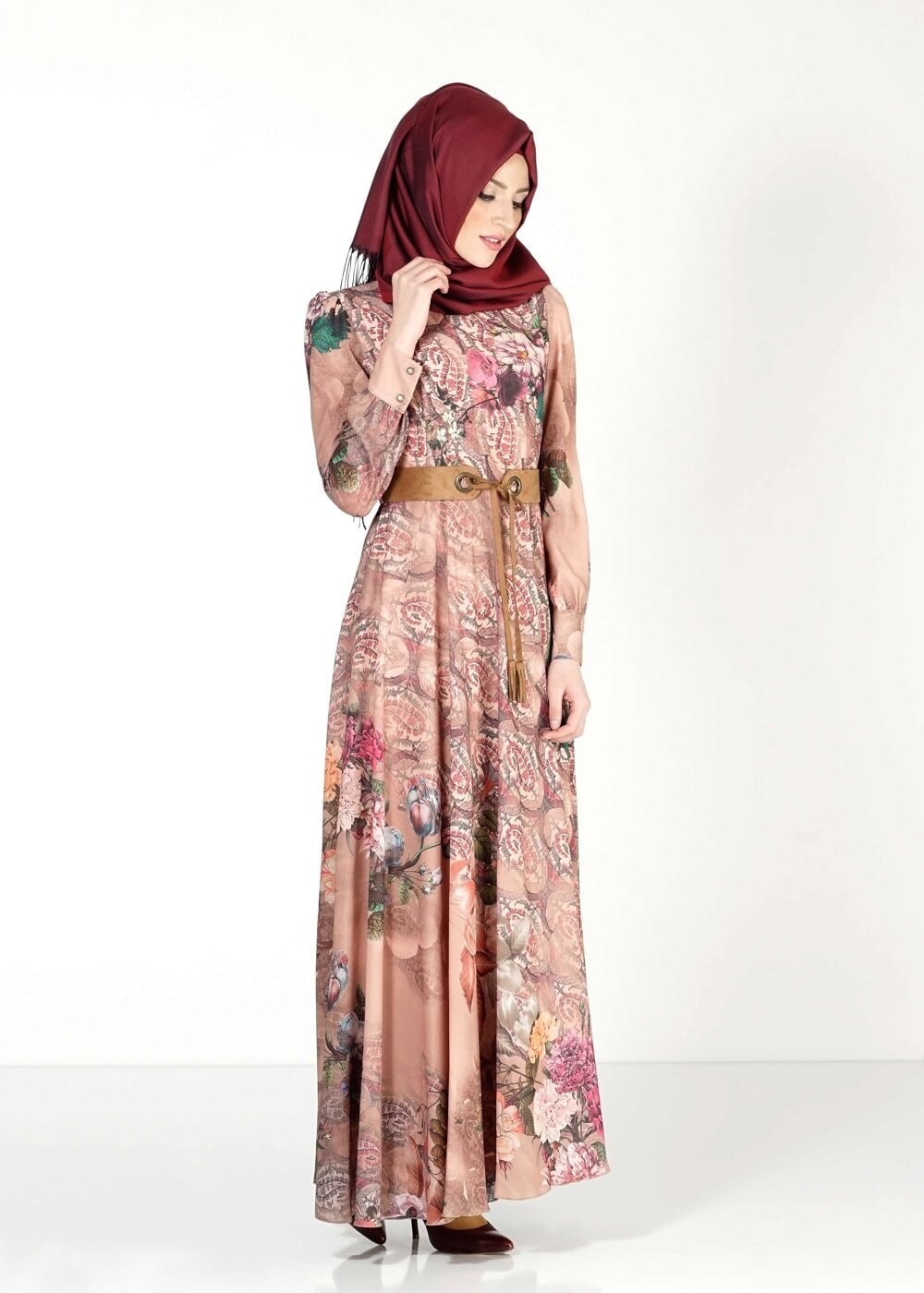 Tesettür giyim PUDRA KEMER DETAYLI ÇİÇEKLİ  ELBİSE 4032 