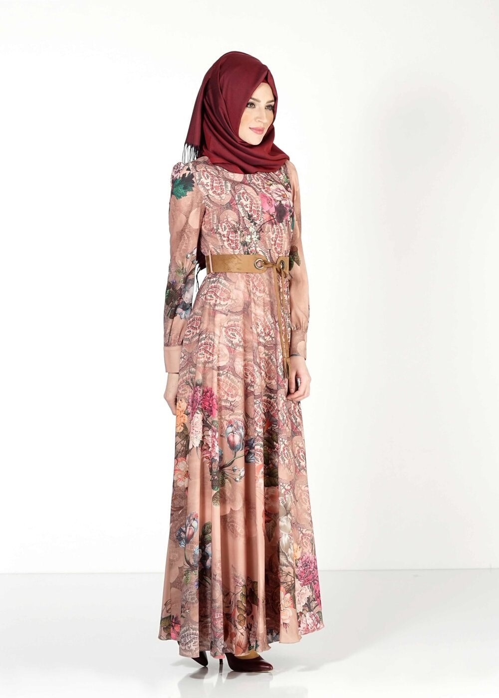 Tesettür giyim PUDRA KEMER DETAYLI ÇİÇEKLİ  ELBİSE 4032 