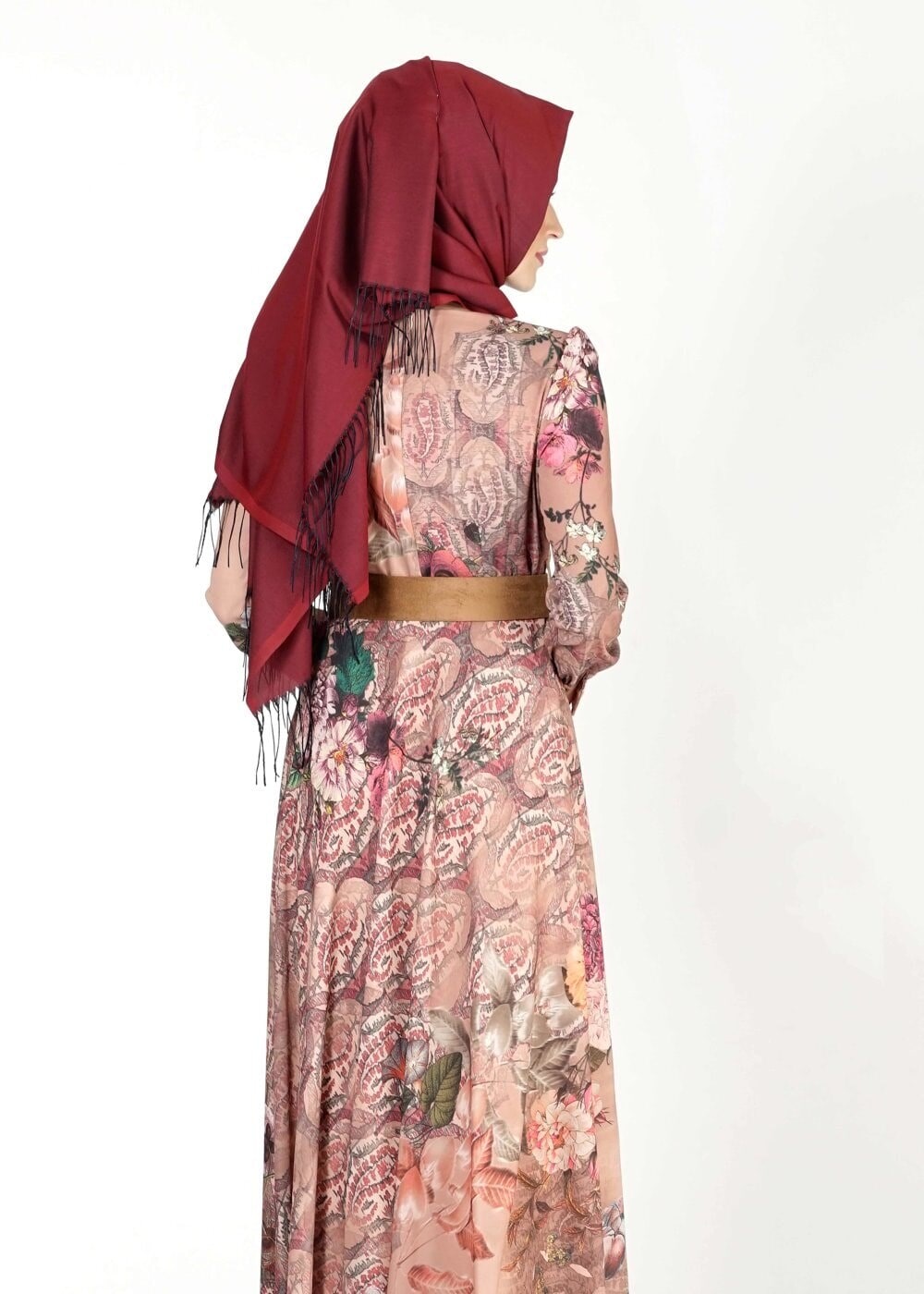 Tesettür giyim PUDRA KEMER DETAYLI ÇİÇEKLİ  ELBİSE 4032 