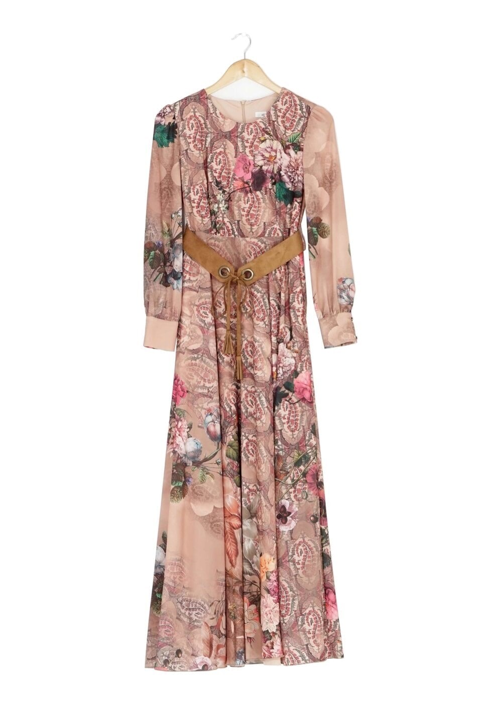 Tesettür giyim PUDRA KEMER DETAYLI ÇİÇEKLİ  ELBİSE 4032 