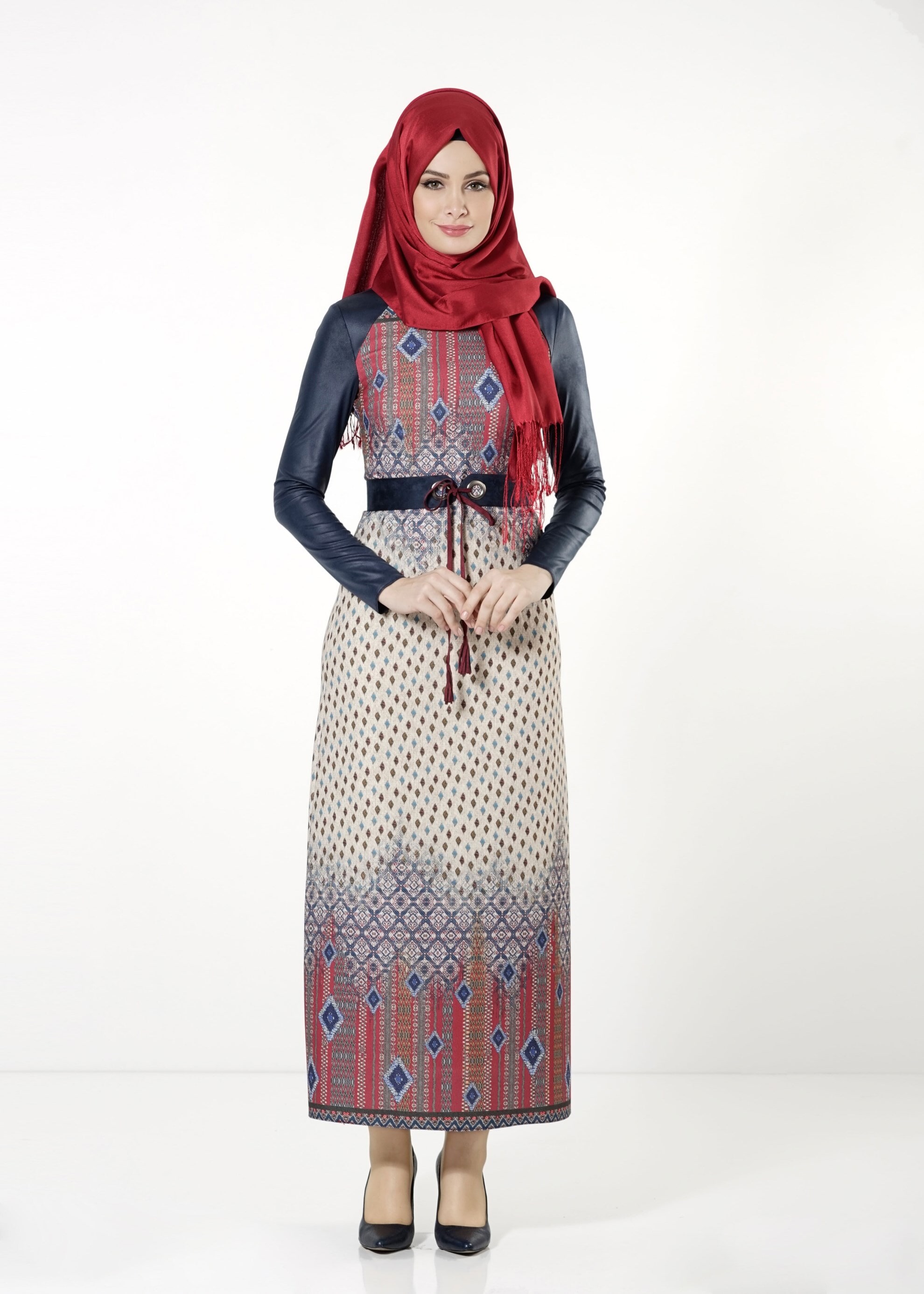 Tesettür giyim BORDO DESENLİ ELBİSE 4034 