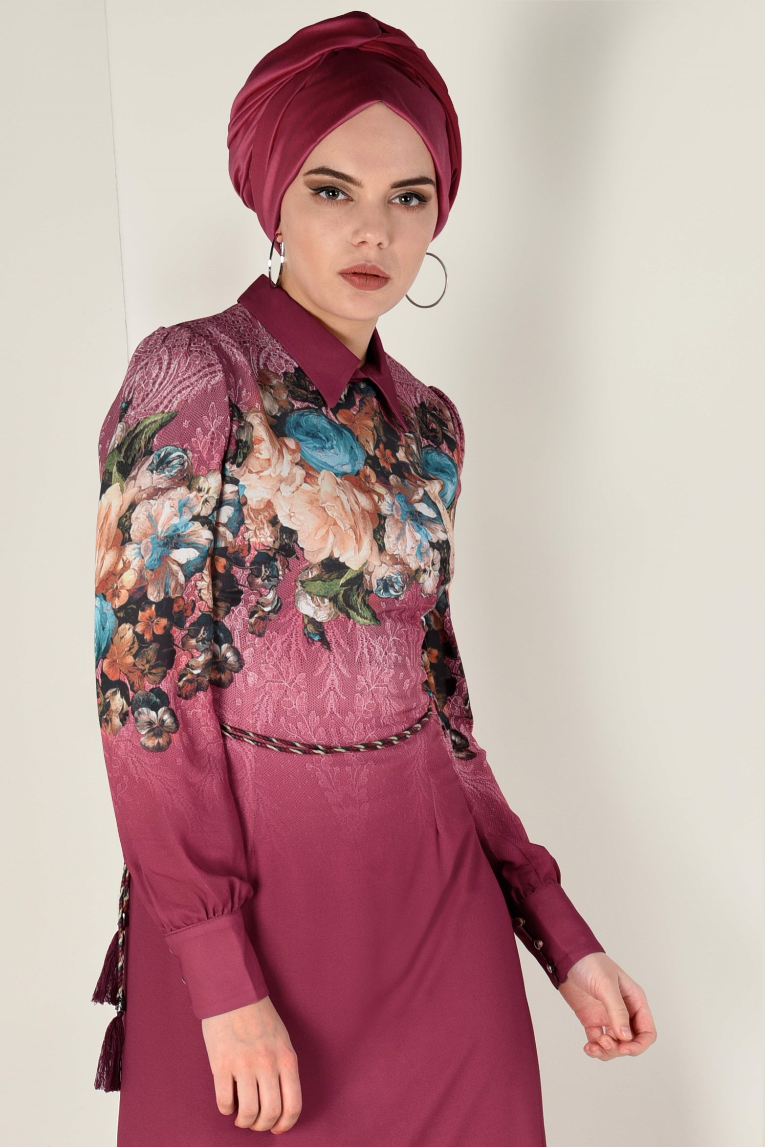 Tesettür giyim BORDO ÇİÇEK DESENLİ ELBİSE 4035 