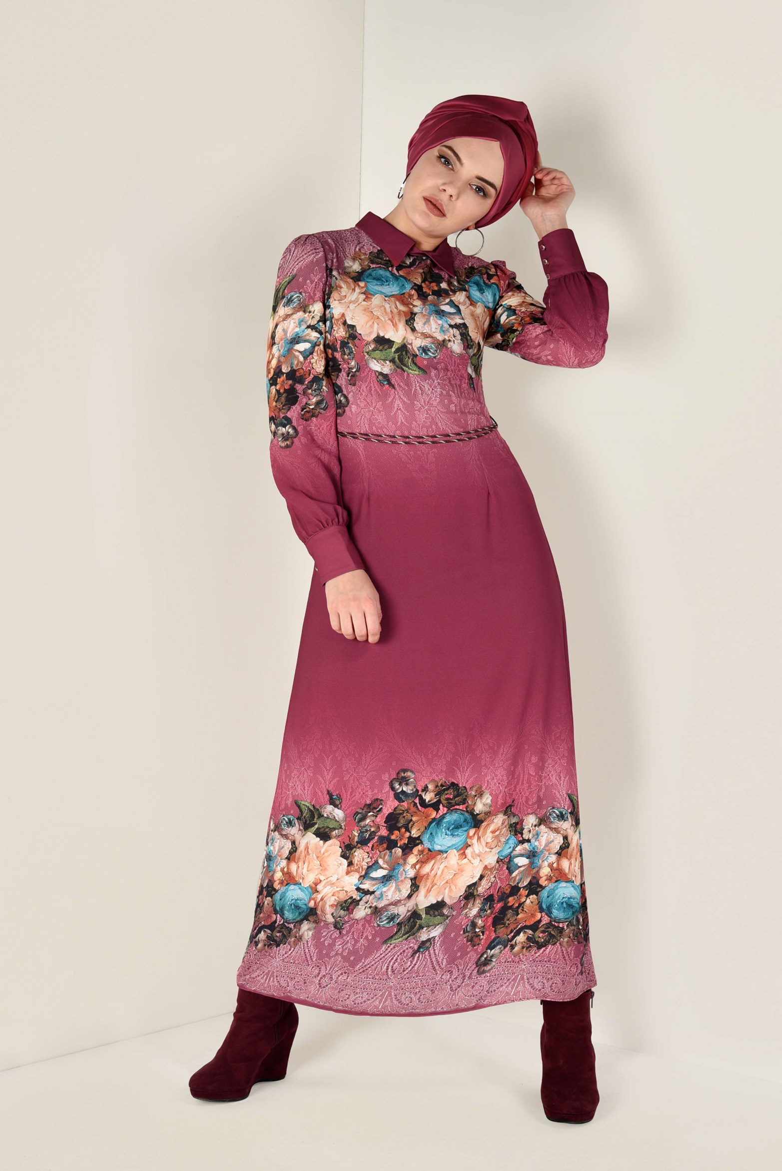 Tesettür giyim BORDO ÇİÇEK DESENLİ ELBİSE 4035 