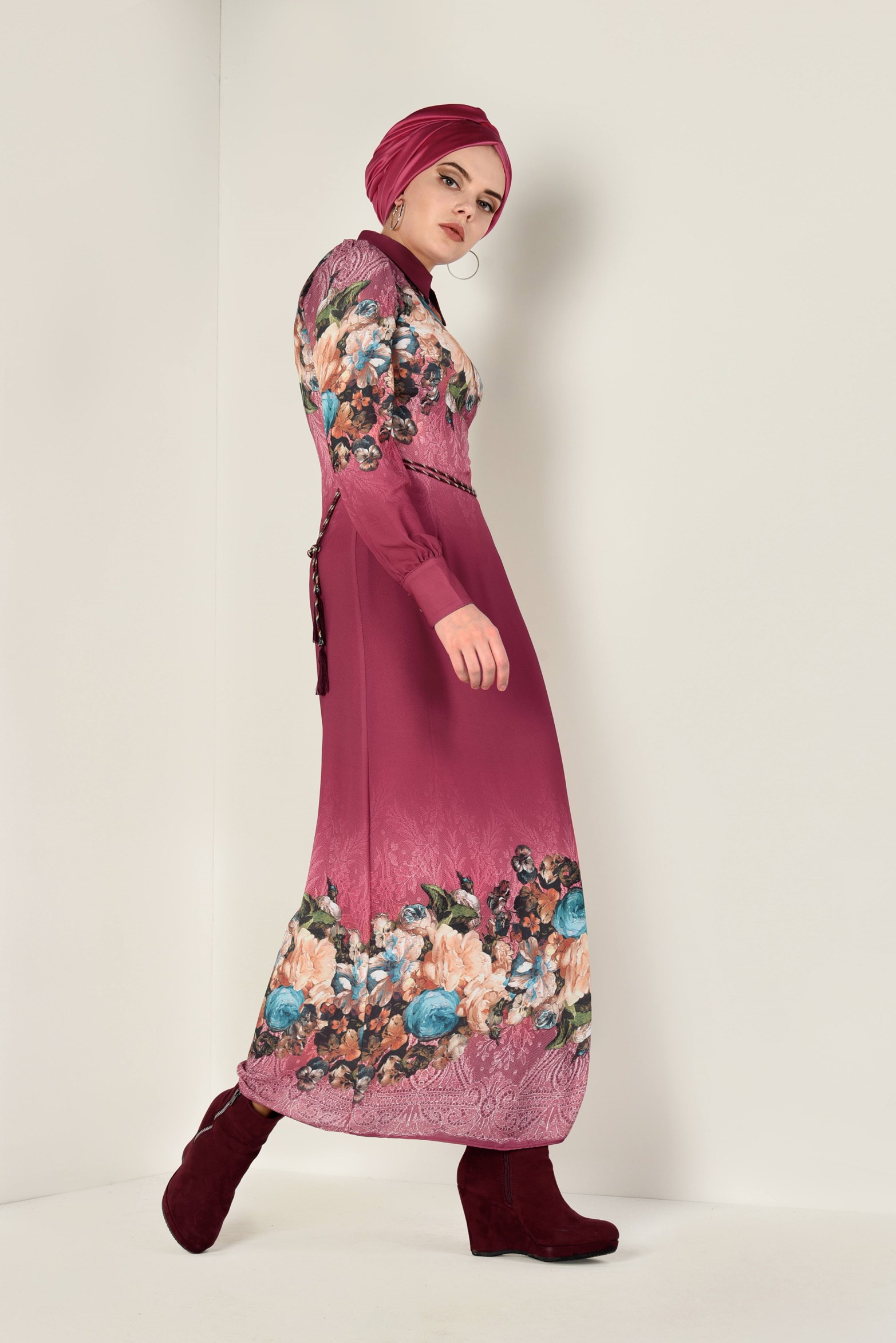 Tesettür giyim BORDO ÇİÇEK DESENLİ ELBİSE 4035 