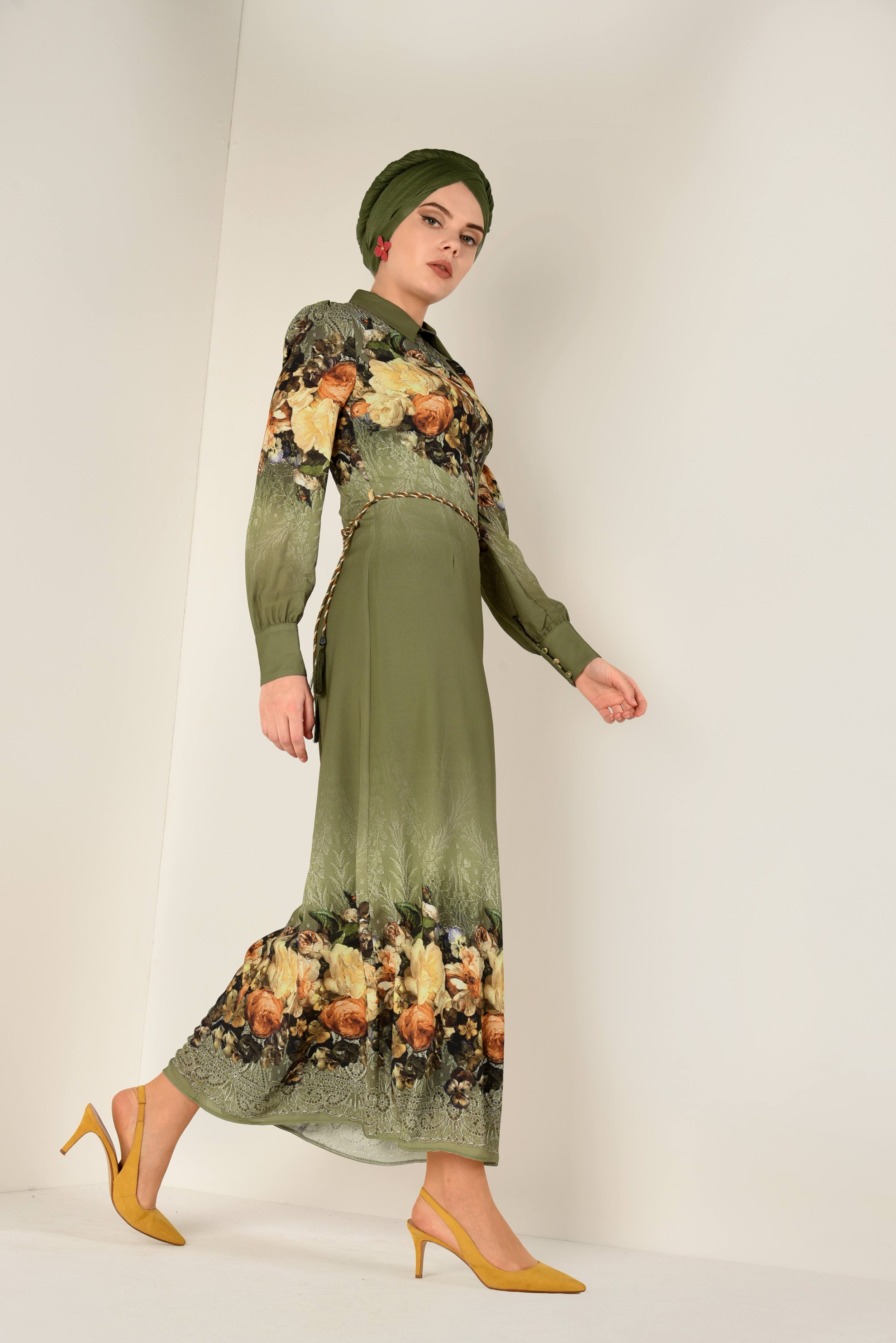 Tesettür giyim HAKİ ÇİÇEK DESENLİ ELBİSE 4035 