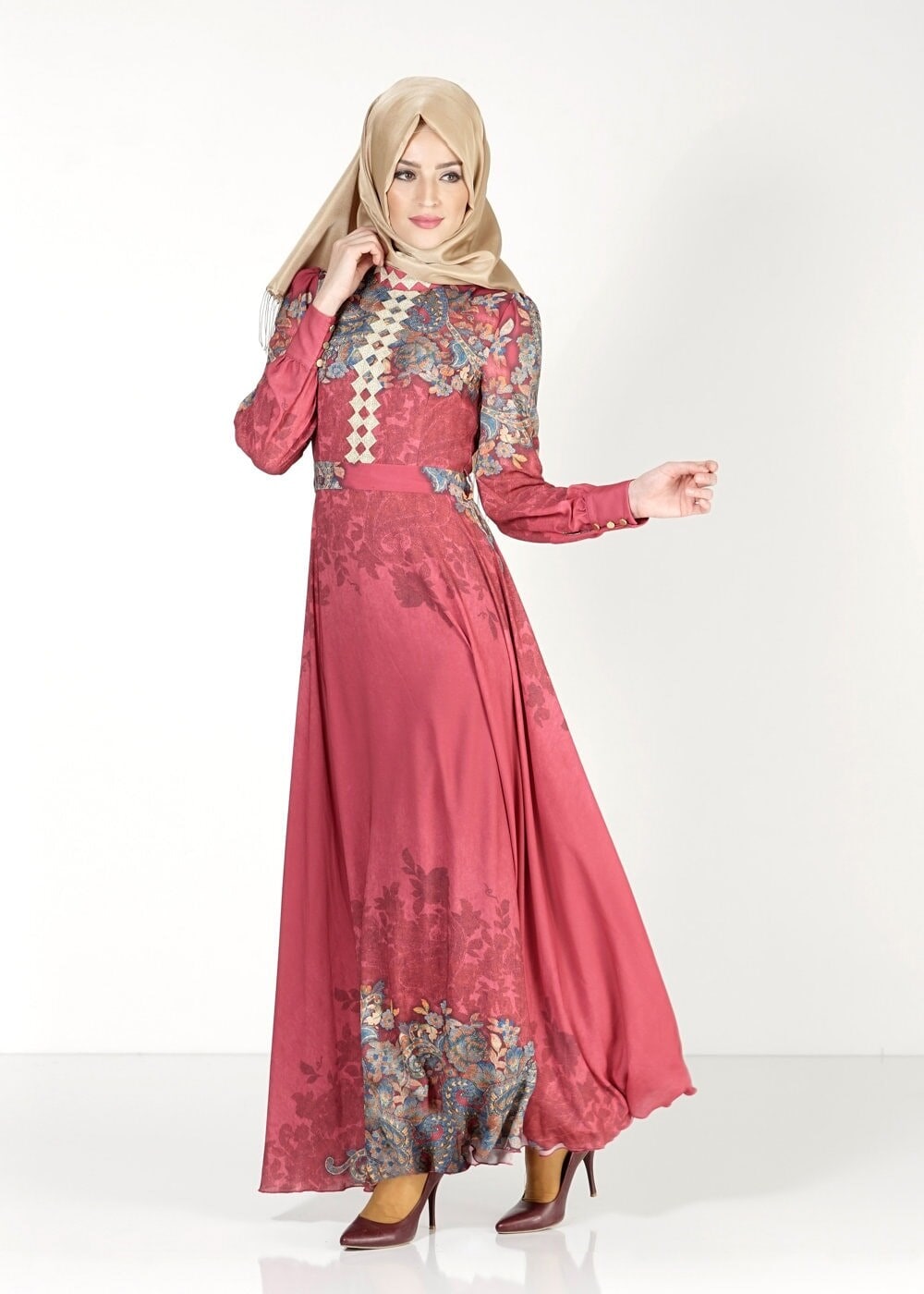 Tesettür giyim BORDO ÇİÇEK DESENLİ ELBİSE 4057 