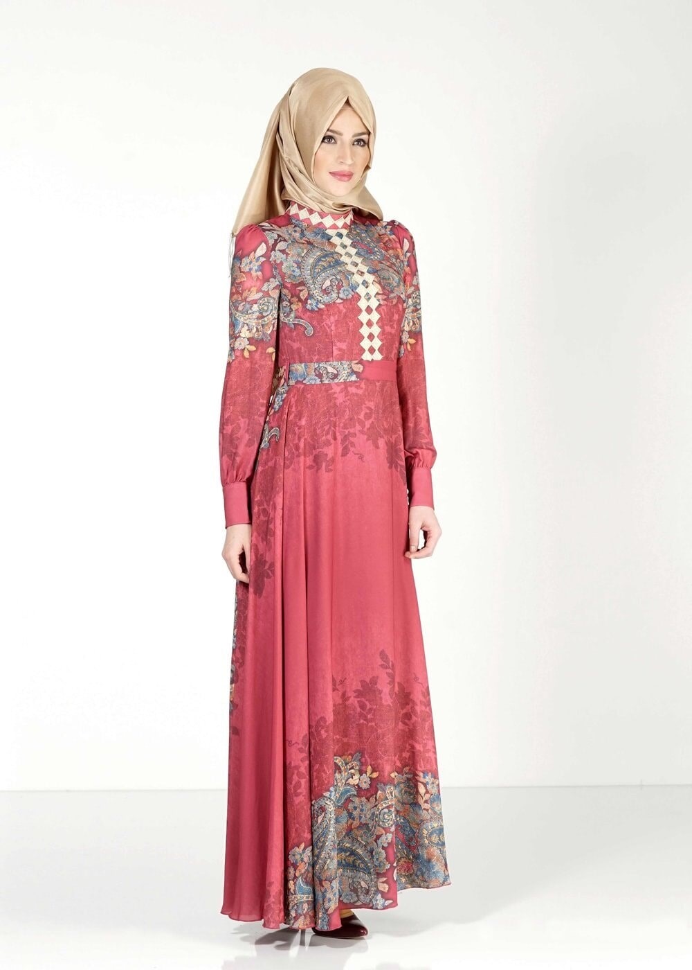 Tesettür giyim BORDO ÇİÇEK DESENLİ ELBİSE 4057 