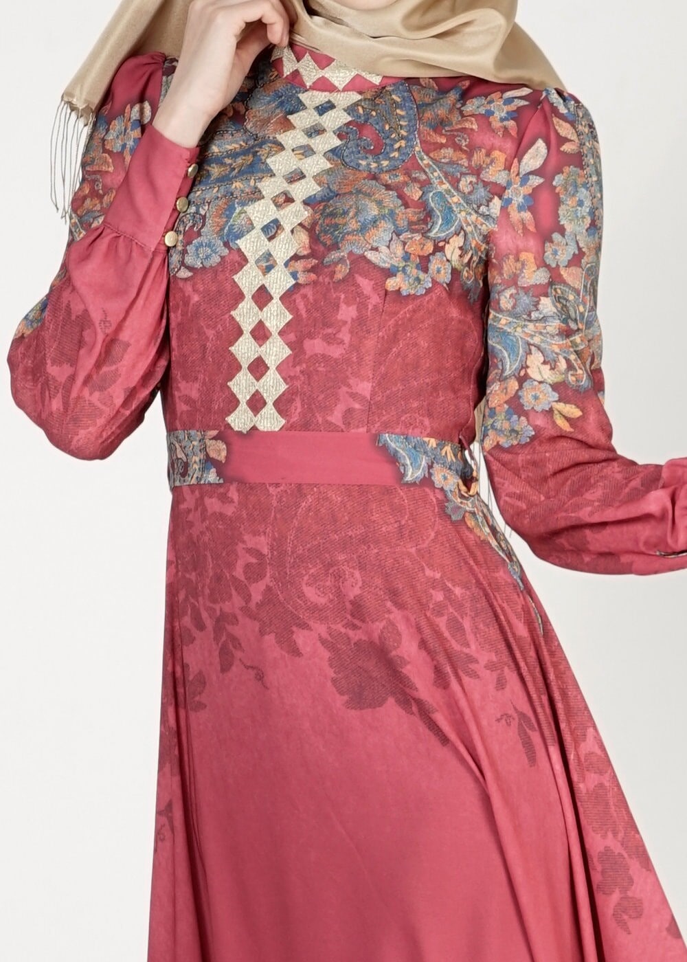 Tesettür giyim BORDO ÇİÇEK DESENLİ ELBİSE 4057 