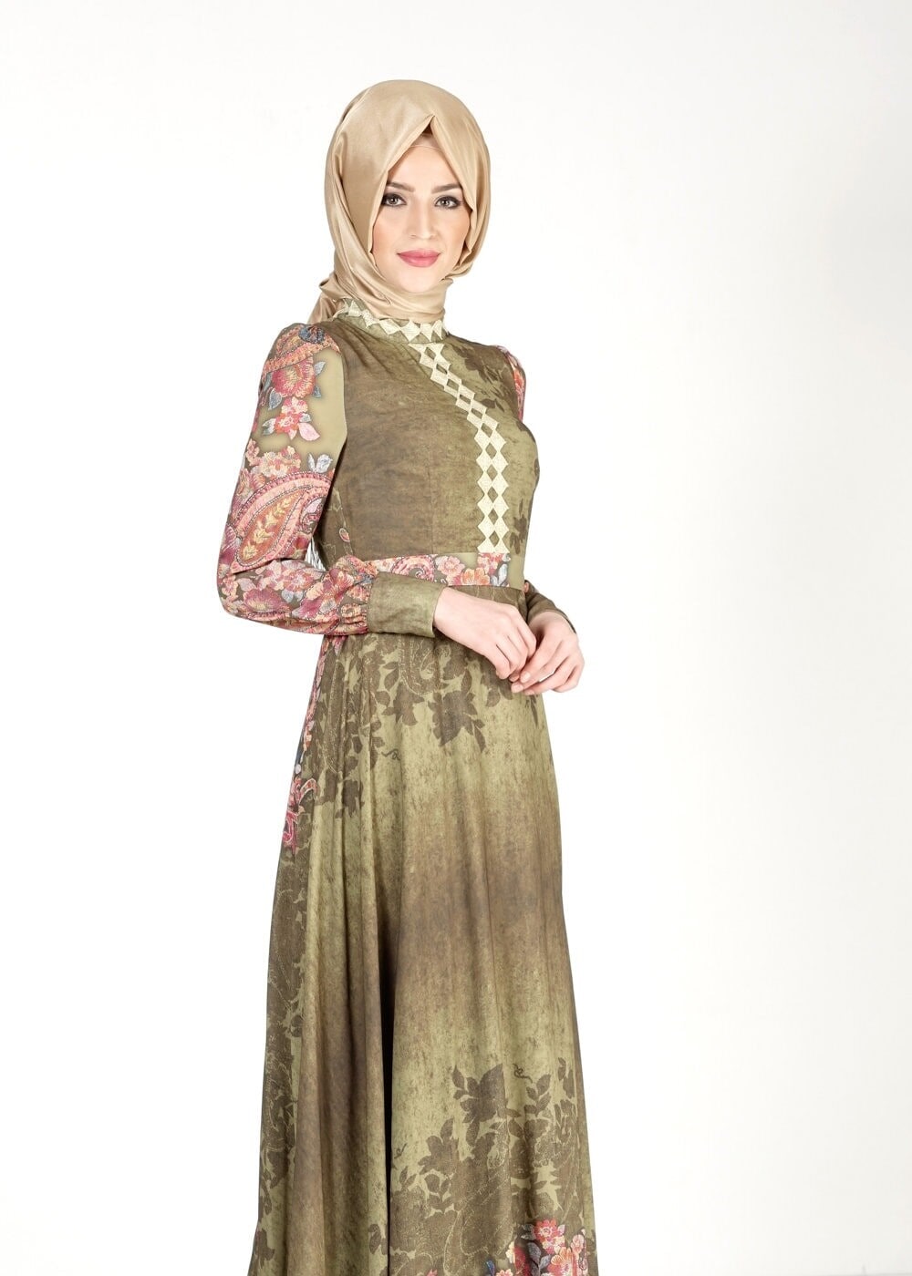 Tesettür giyim HAKİ ÇİÇEK DESENLİ ELBİSE 4057 