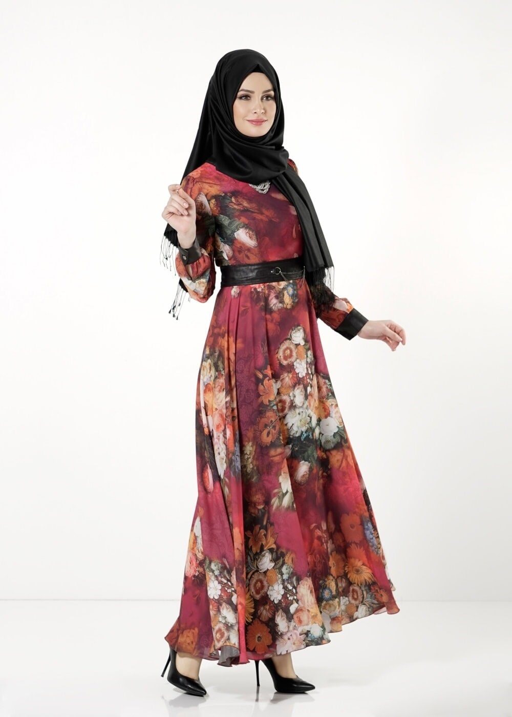 Tesettür giyim MOR ÇİÇEK DESENLİ ELBİSE 4058 