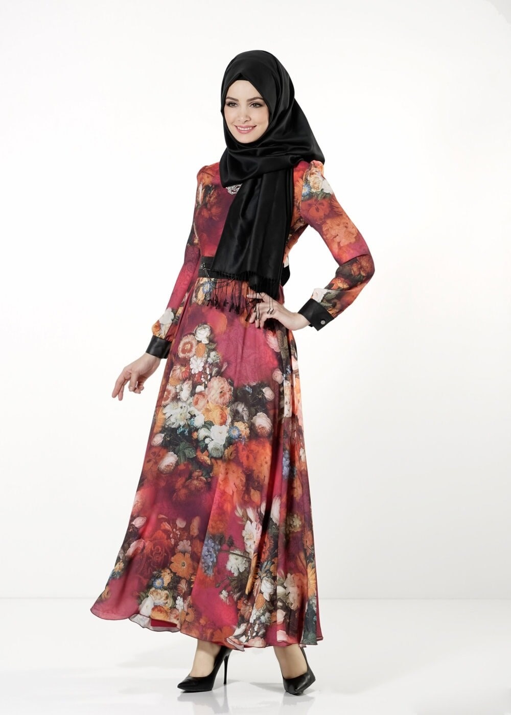 Tesettür giyim MOR ÇİÇEK DESENLİ ELBİSE 4058 