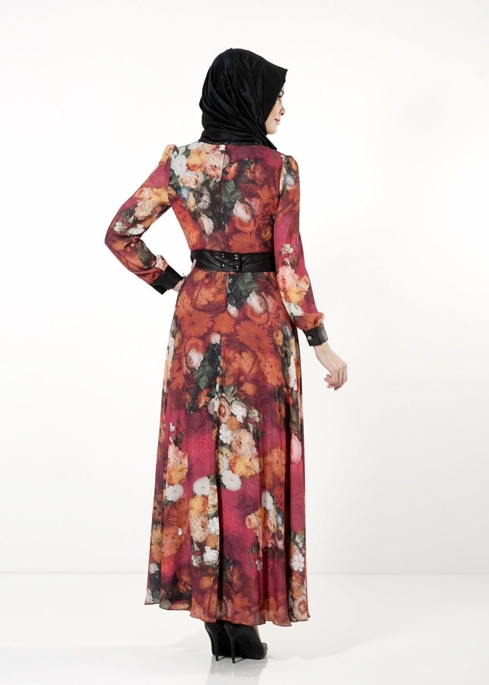 Tesettür giyim MOR ÇİÇEK DESENLİ ELBİSE 4058 